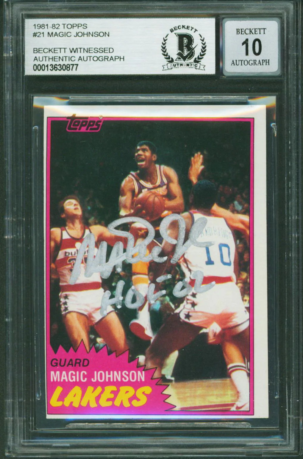 Magic Johnson "HOF 02" Signed 1981 Topps #21 Card Auto 10! BAS Slab #13630877 - Image 2
