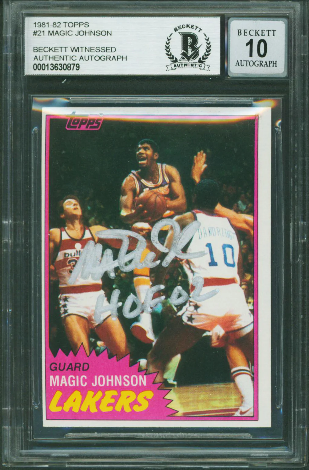 Magic Johnson "HOF 02" Signed 1981 Topps #21 Card Auto 10! BAS Slab #13630879 - Image 2