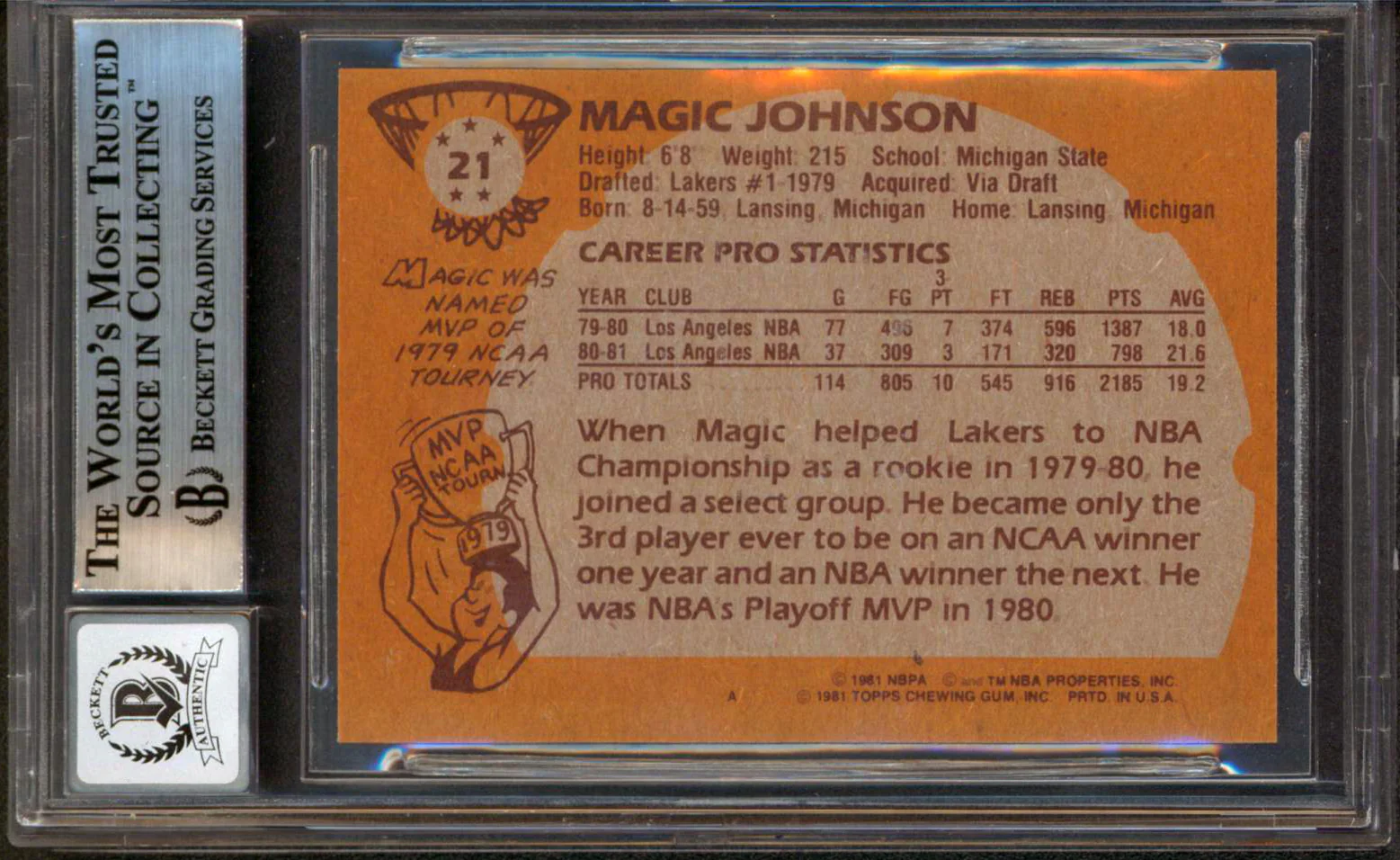 Magic Johnson "HOF 02" Signed 1981 Topps #21 Card Auto 10! BAS Slab #13630879 - Image 3