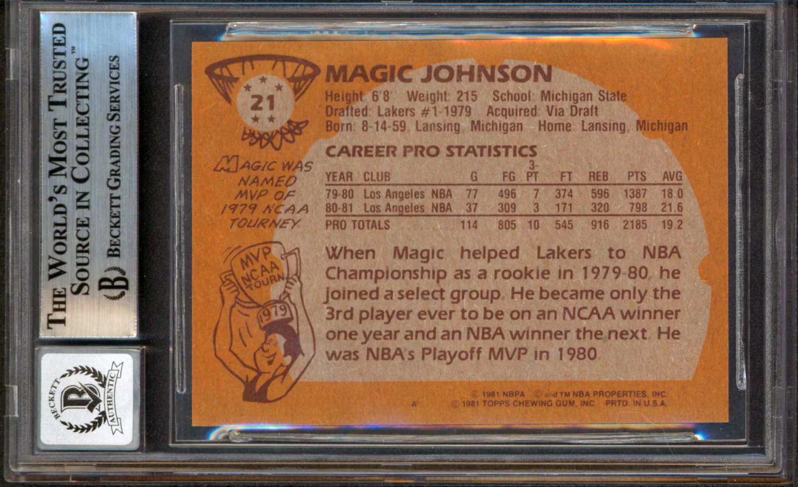 Magic Johnson "HOF 02" Signed 1981 Topps #21 Card Auto 10! BAS Slab #13630880 - Image 3