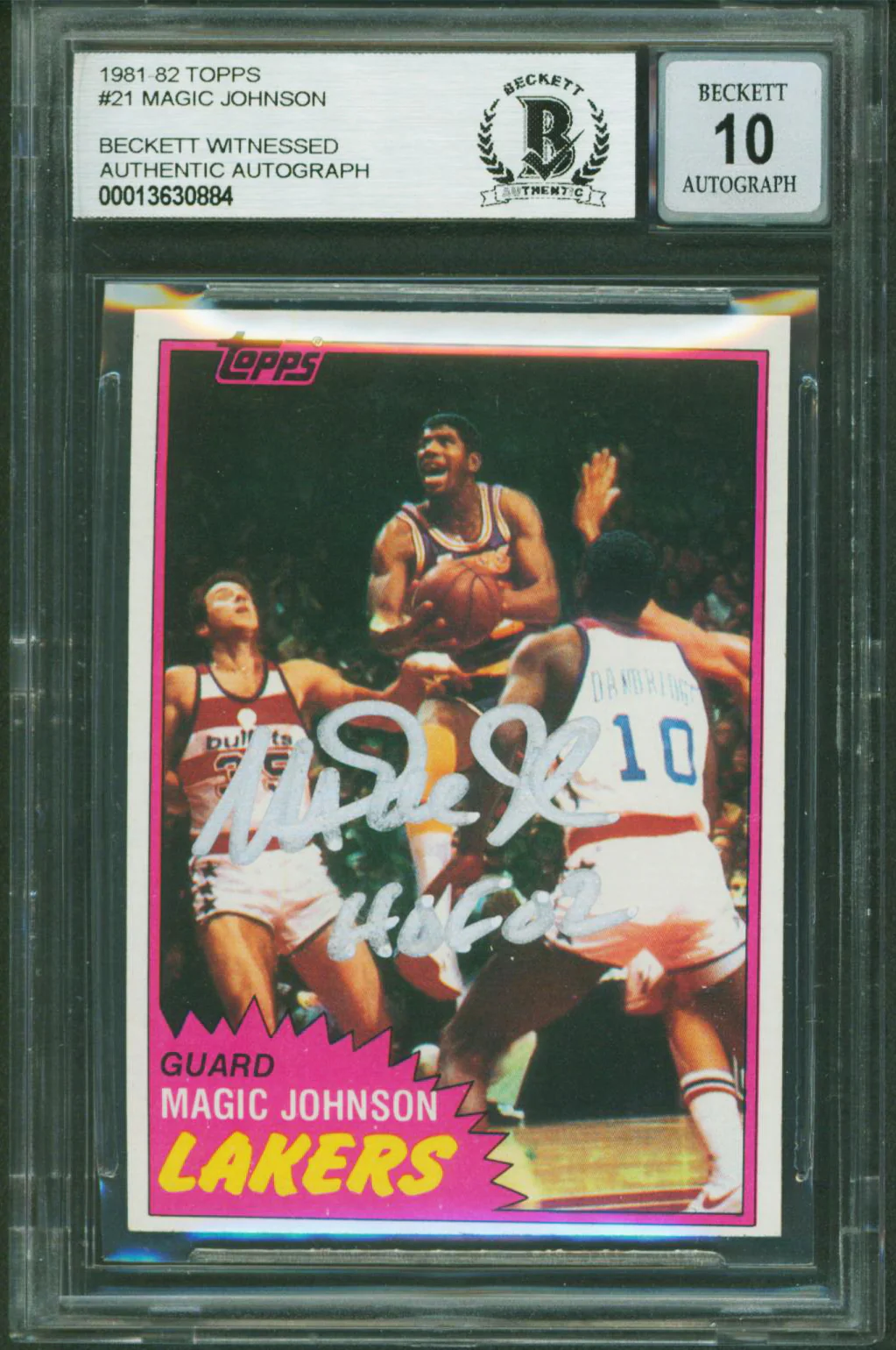 Magic Johnson "HOF 02" Signed 1981 Topps #21 Card Auto 10! BAS Slab #13630884 - Image 2