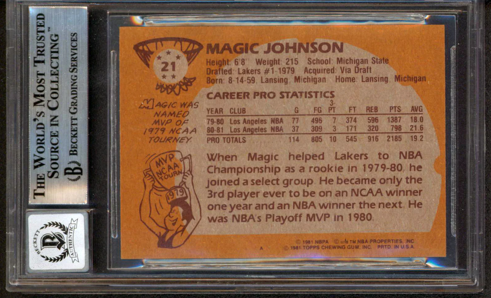 Magic Johnson "HOF 02" Signed 1981 Topps #21 Card Auto 10! BAS Slab #13630884 - Image 3