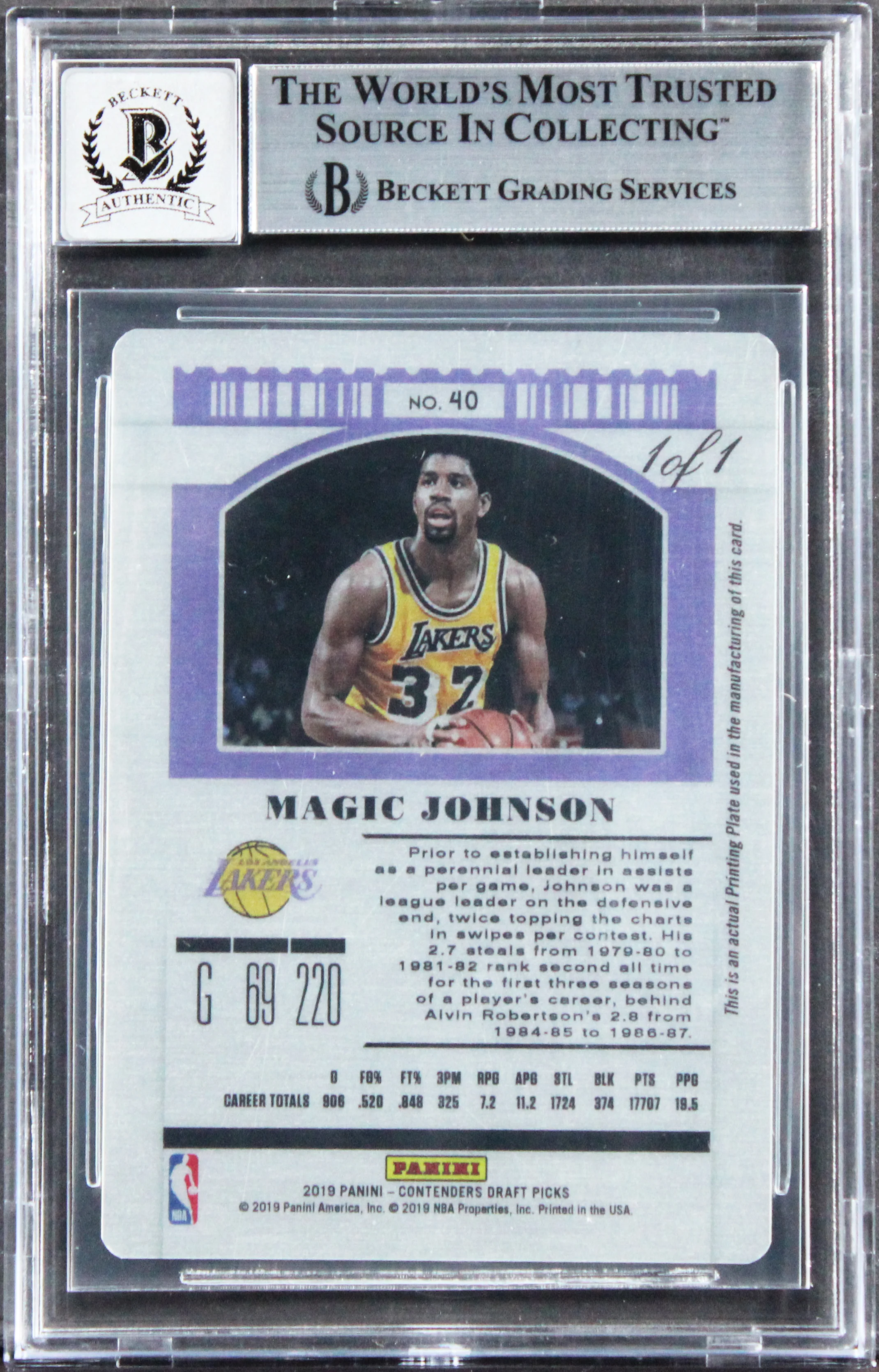 Magic Johnson HOF 2002 Signed 2019 Panini PP Cyan #40 1/1 Card Auto 10 BAS Slab - Image 3