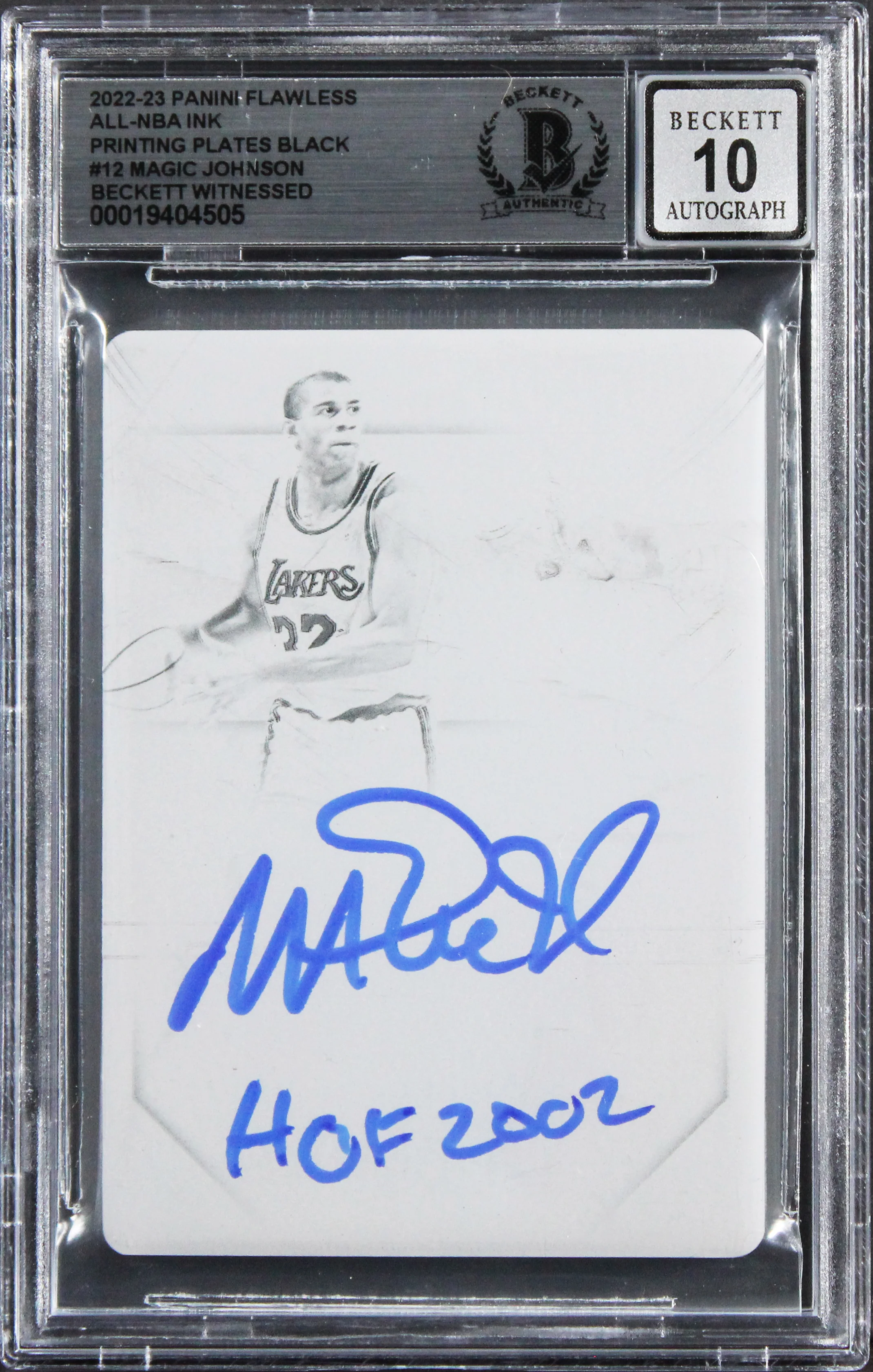 Magic Johnson "HOF 2002" Signed 2022 Panini PP Black #12 Card Auto 10 BAS Slab - Image 2