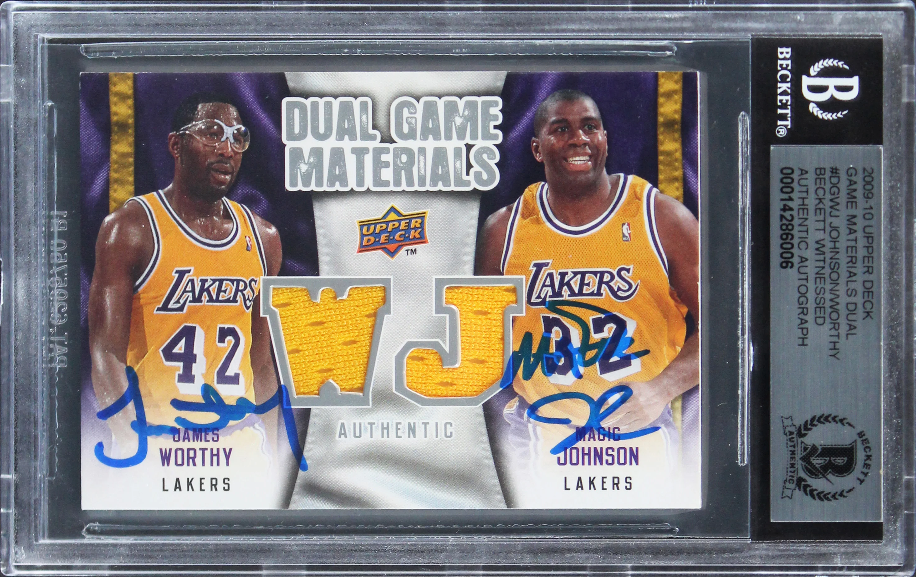 Magic Johnson & James Worthy Signed 2009 UD Game Mat DGWJ Card Auto 10 BAS Slab - Image 2