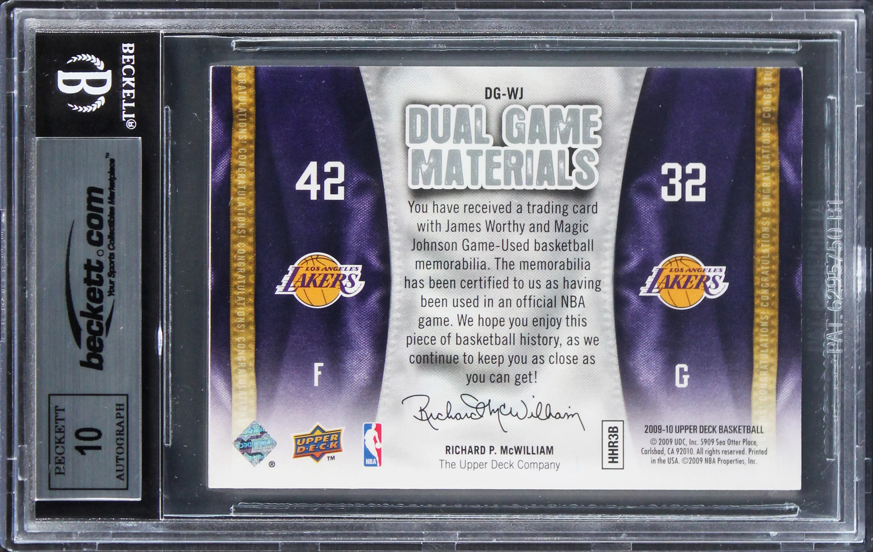 Magic Johnson & James Worthy Signed 2009 UD Game Mat DGWJ Card Auto 10 BAS Slab - Image 3
