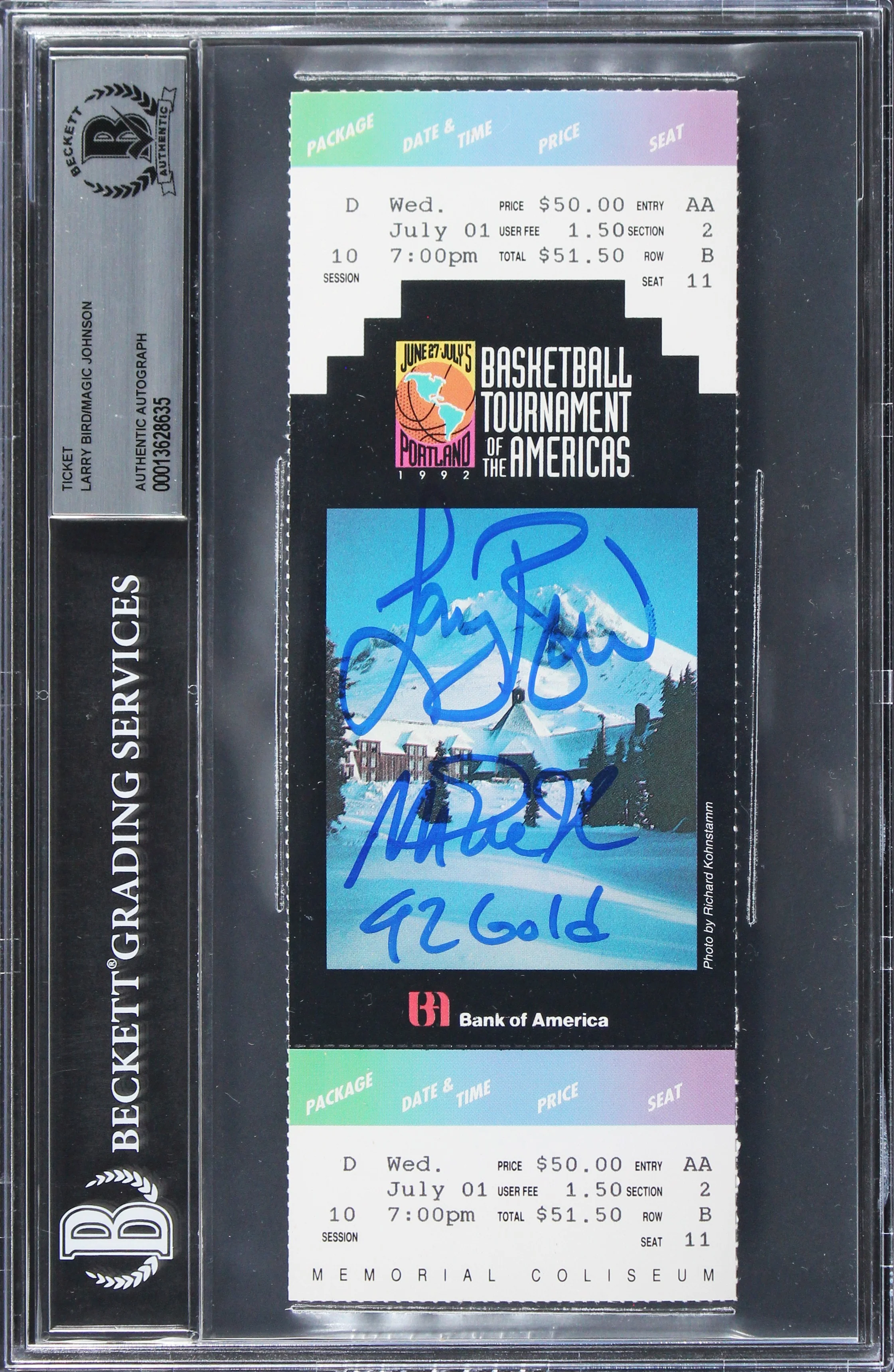 Magic Johnson & Larry Bird "92 Gold" Signed 1992 TOTA Ticket Stub BAS Slabbed 1 - Image 2