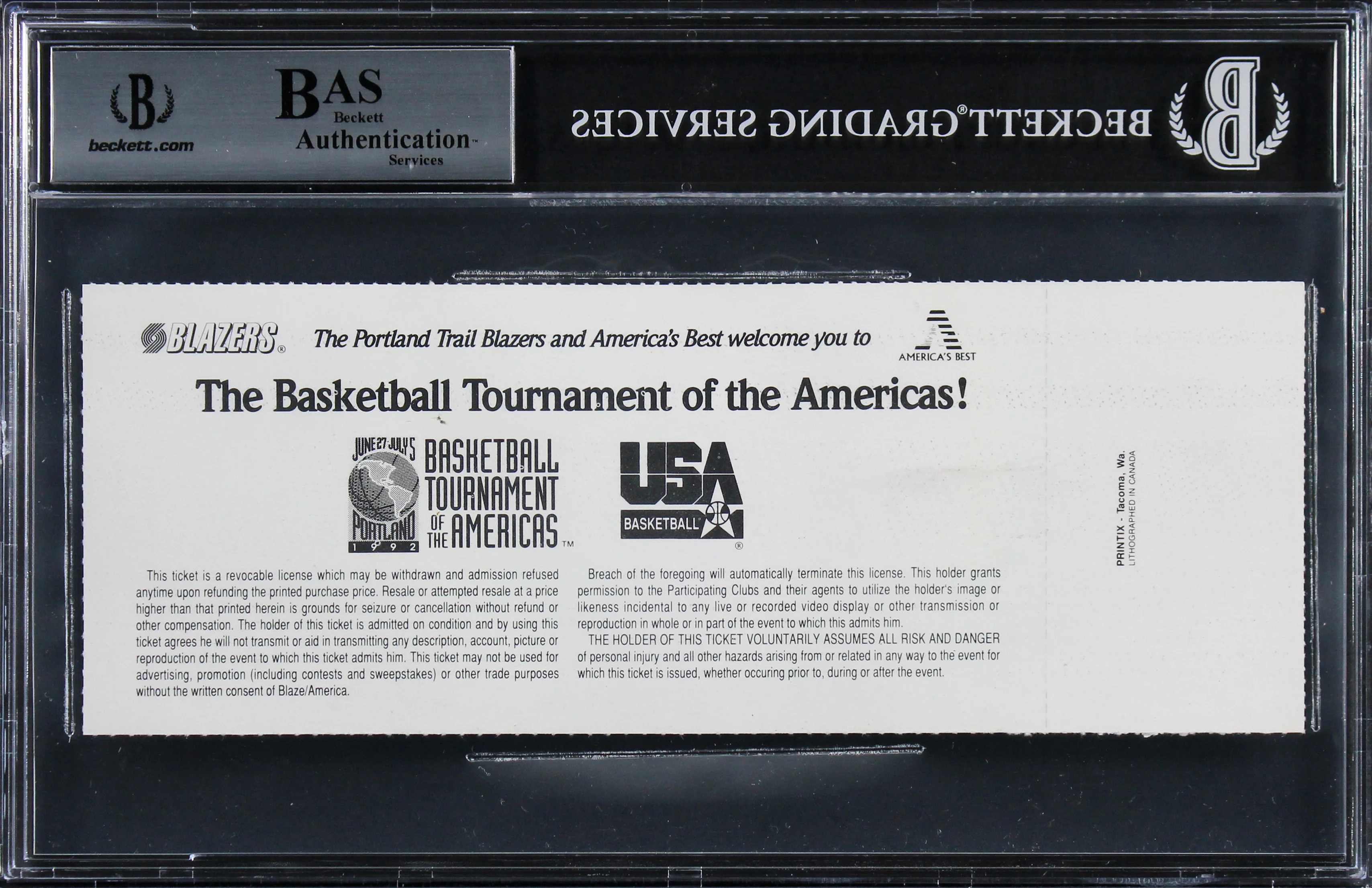 Magic Johnson & Larry Bird "92 Gold" Signed 1992 TOTA Ticket Stub BAS Slabbed 1 - Image 3
