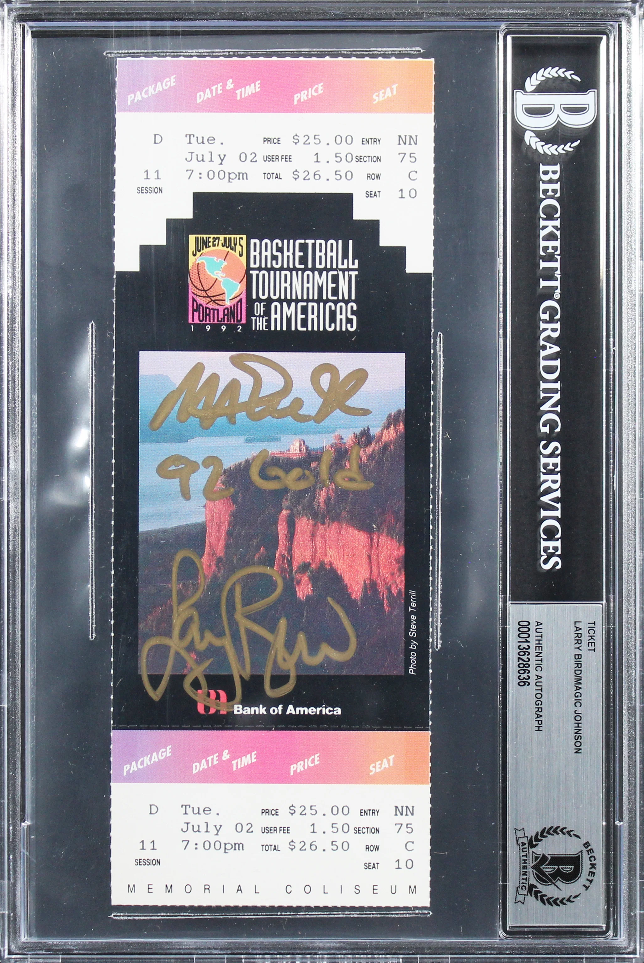 Magic Johnson & Larry Bird "92 Gold" Signed 1992 TOTA Ticket Stub BAS Slabbed 2 - Image 2