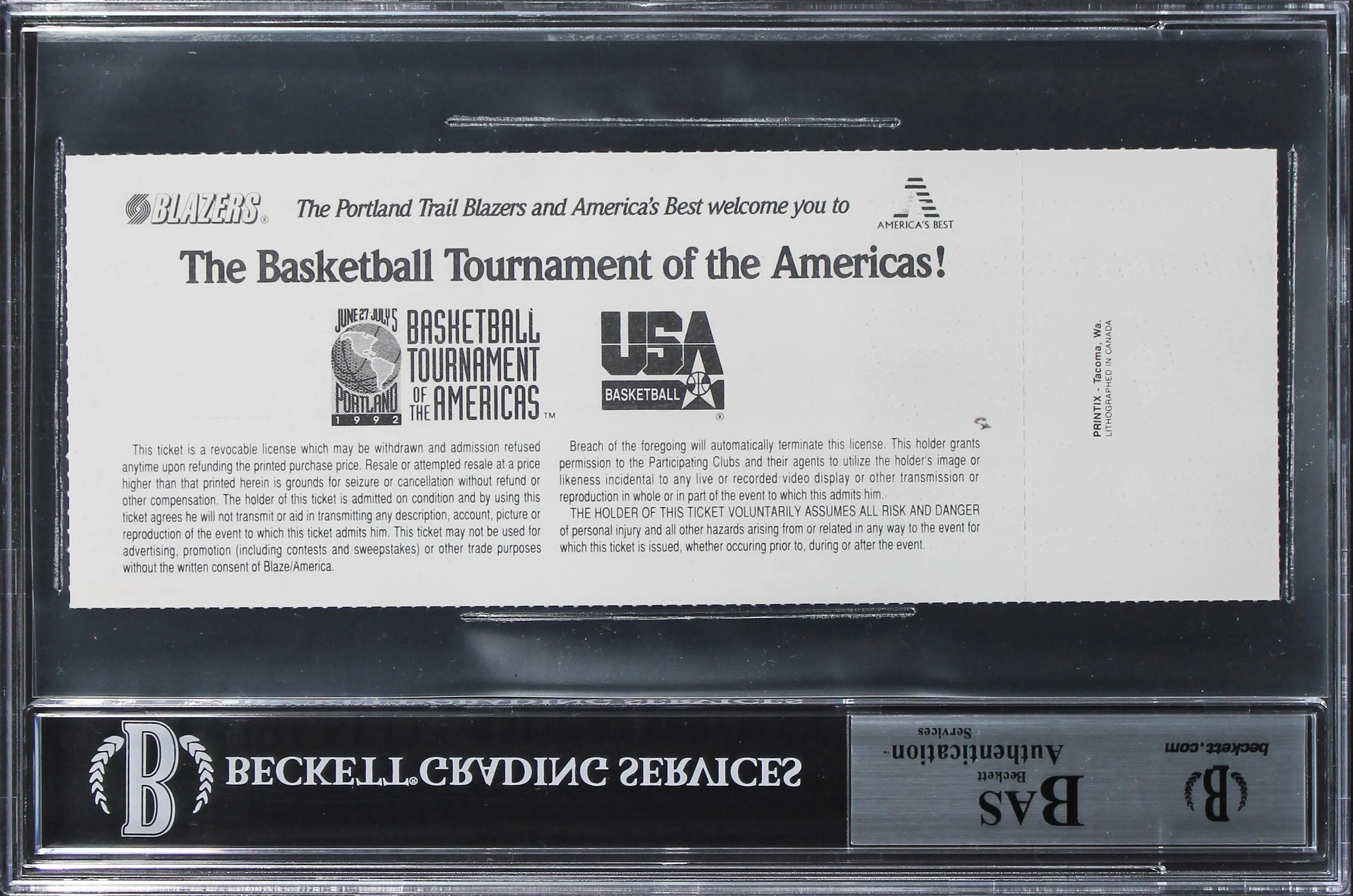 Magic Johnson & Larry Bird "92 Gold" Signed 1992 TOTA Ticket Stub BAS Slabbed 2 - Image 3