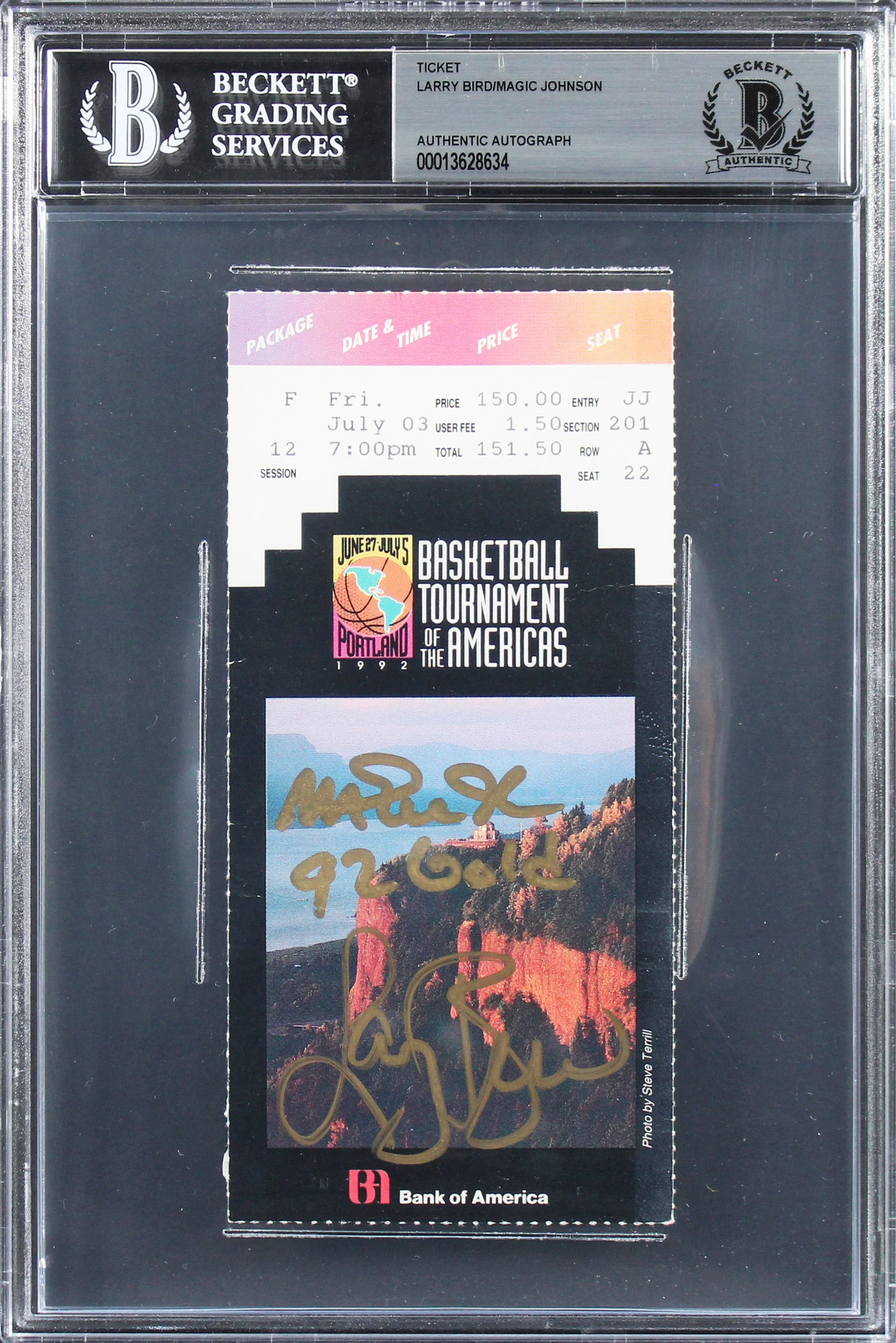 Magic Johnson & Larry Bird "92 Gold" Signed 1992 TOTA Ticket Stub BAS Slabbed 3 - Image 2