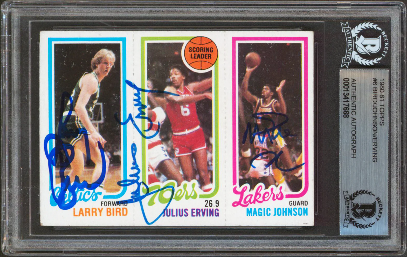 Magic Johnson, Larry Bird & Julius Erving Signed 1980 Topps Rookie Card BAS Slab - Image 2