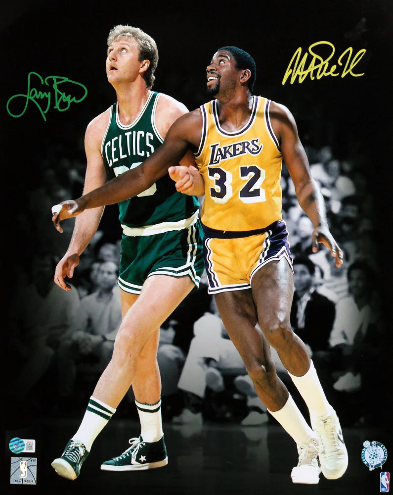 Magic Johnson & Larry Bird Signed 16x20 Vertical Boxout Spotlight Photo BAS W 2 - Image 2