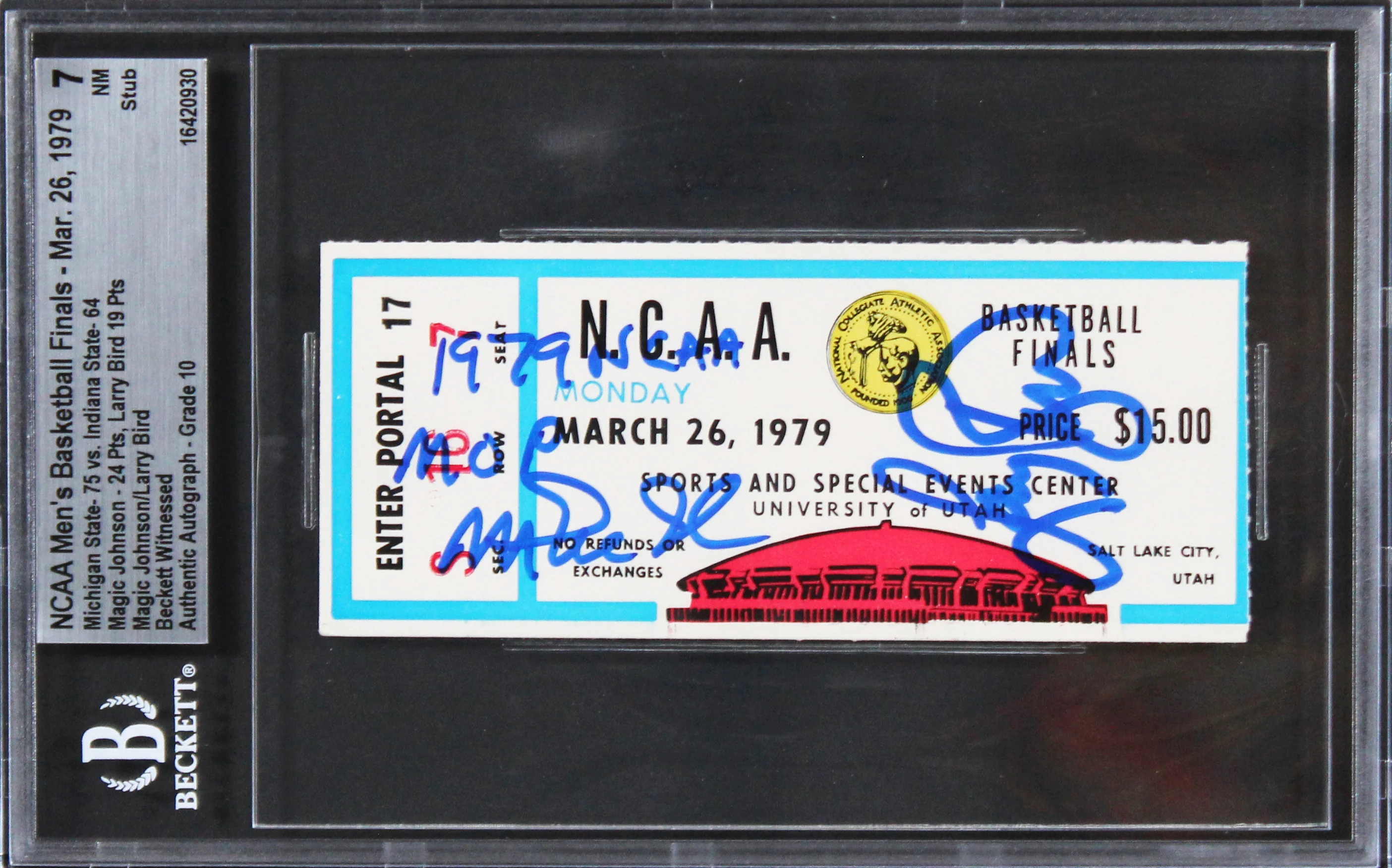 Magic Johnson Larry Bird Signed 1979 NCAA Finals Ticket Grade 7 Auto 10 BAS Slab - Image 2