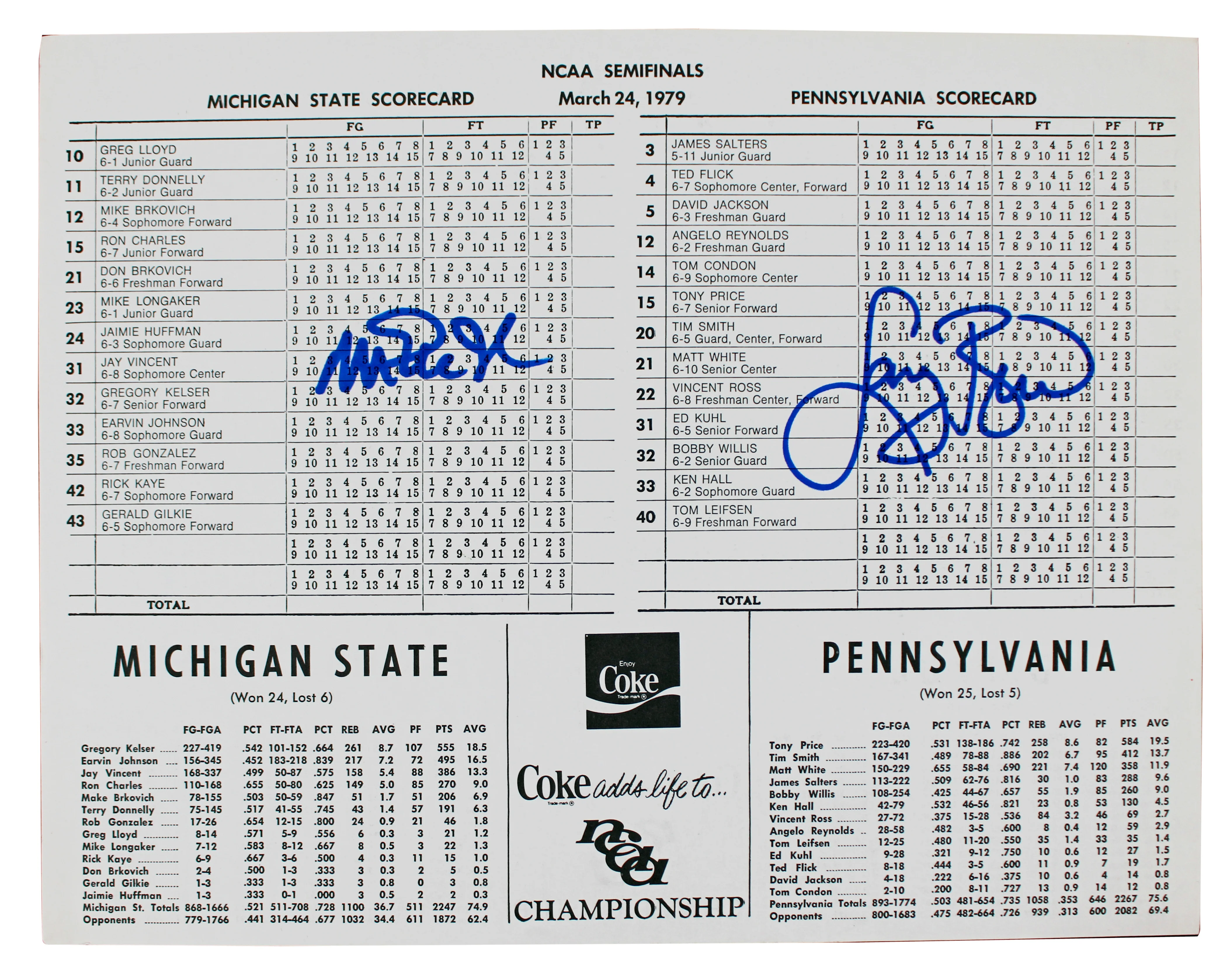 Magic Johnson & Larry Bird Signed 1979 NCAA Semi-final Scorecard BAS #1W867914 - Image 2