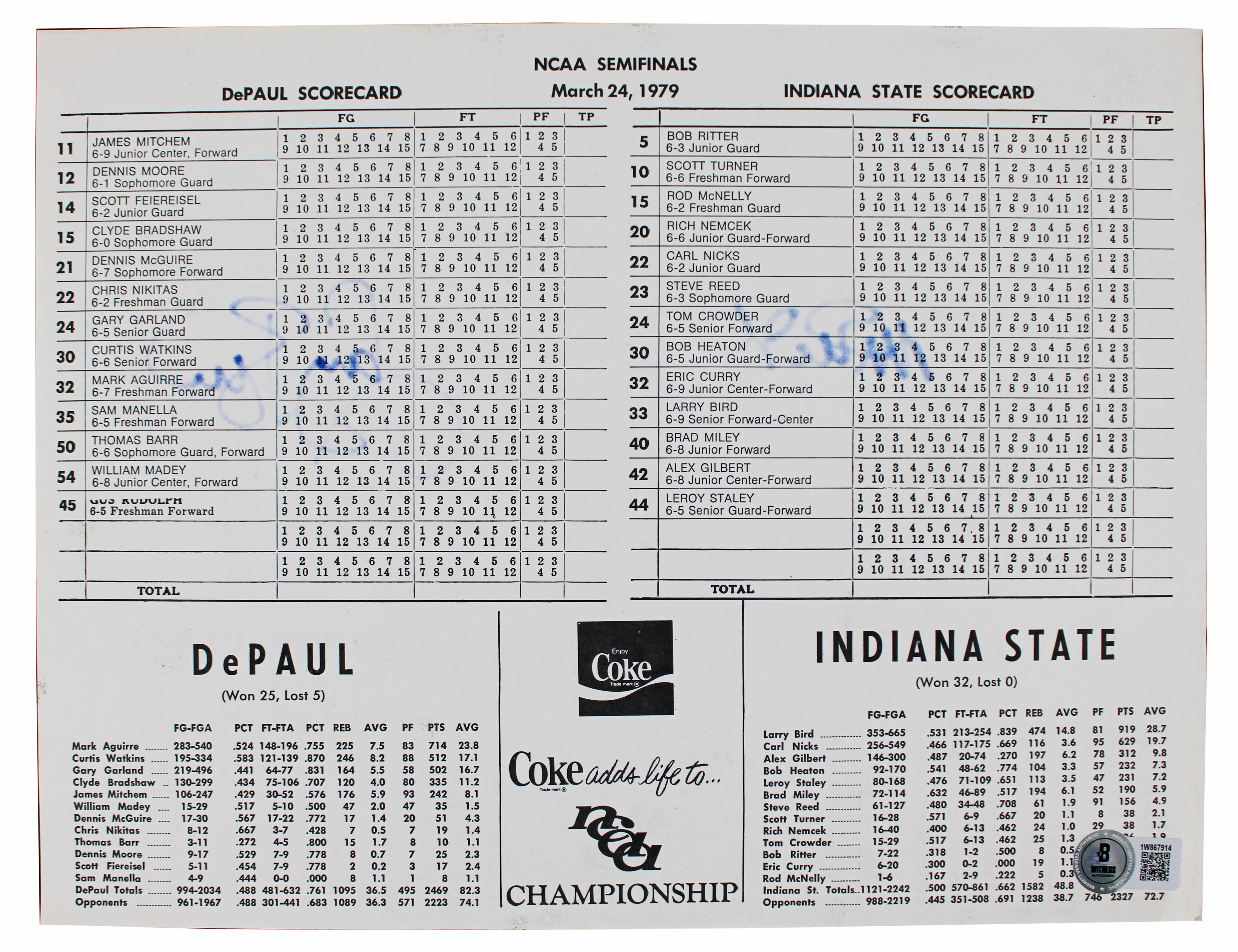 Magic Johnson & Larry Bird Signed 1979 NCAA Semi-final Scorecard BAS #1W867914 - Image 5