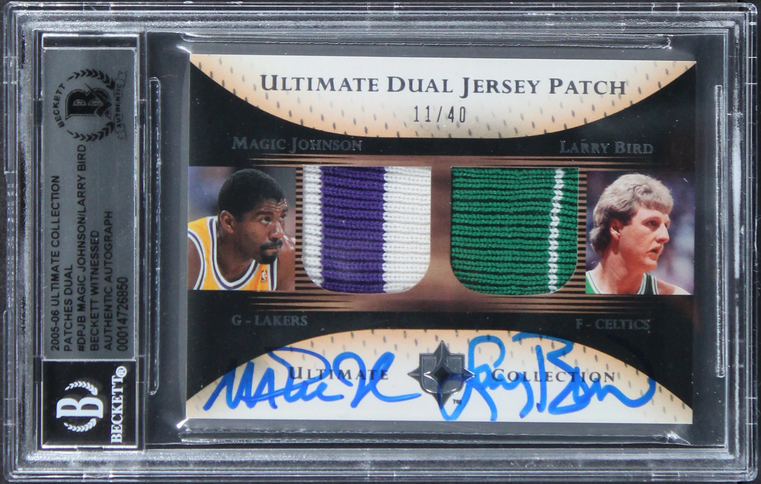 Magic Johnson & Larry Bird Signed 2005 Ultimate Patches DPJB 11/40 Card BAS Slab - Image 2