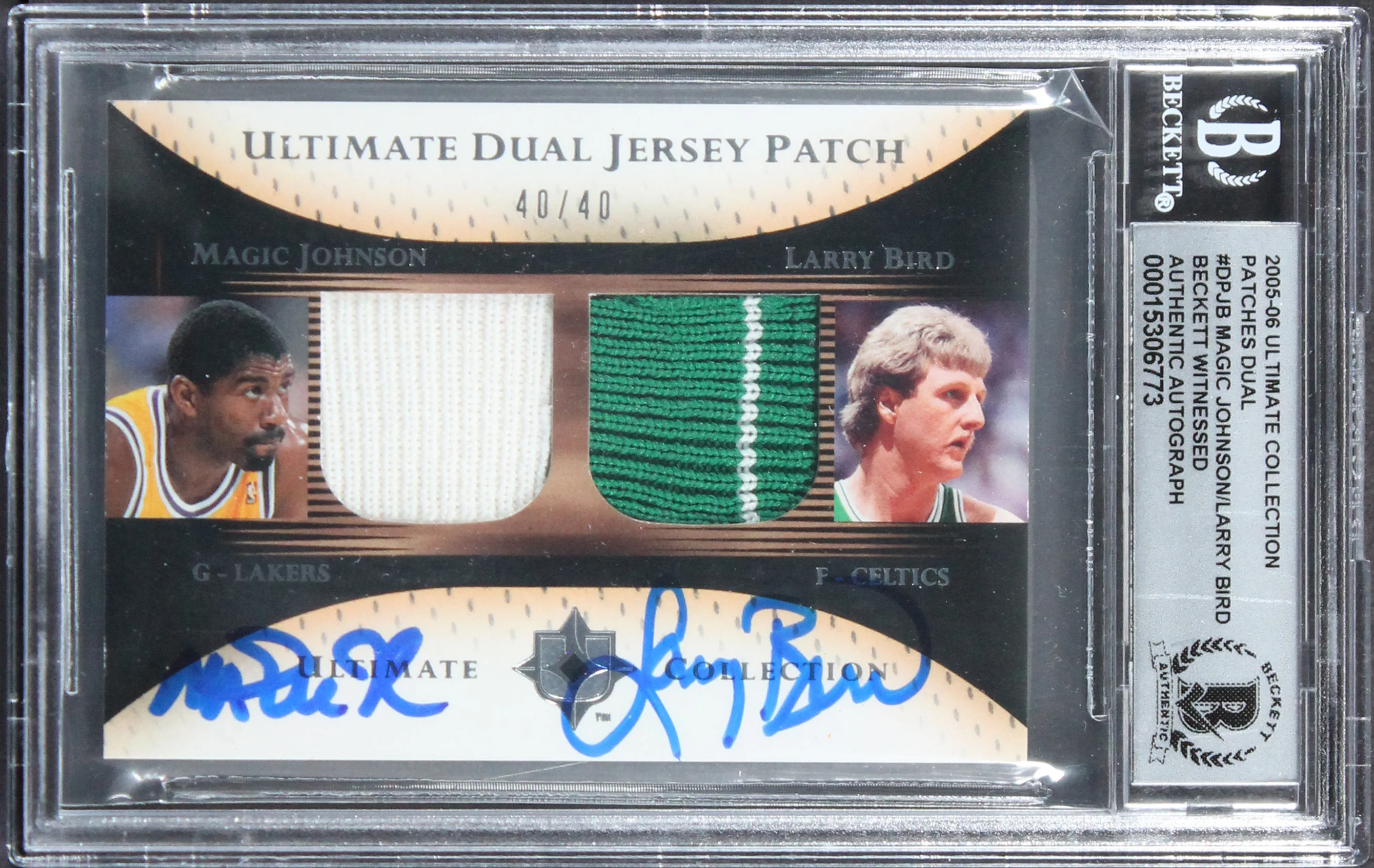 Magic Johnson & Larry Bird Signed 2005 Ultimate Patches DPJB 40/40 Card BAS Slab - Image 2