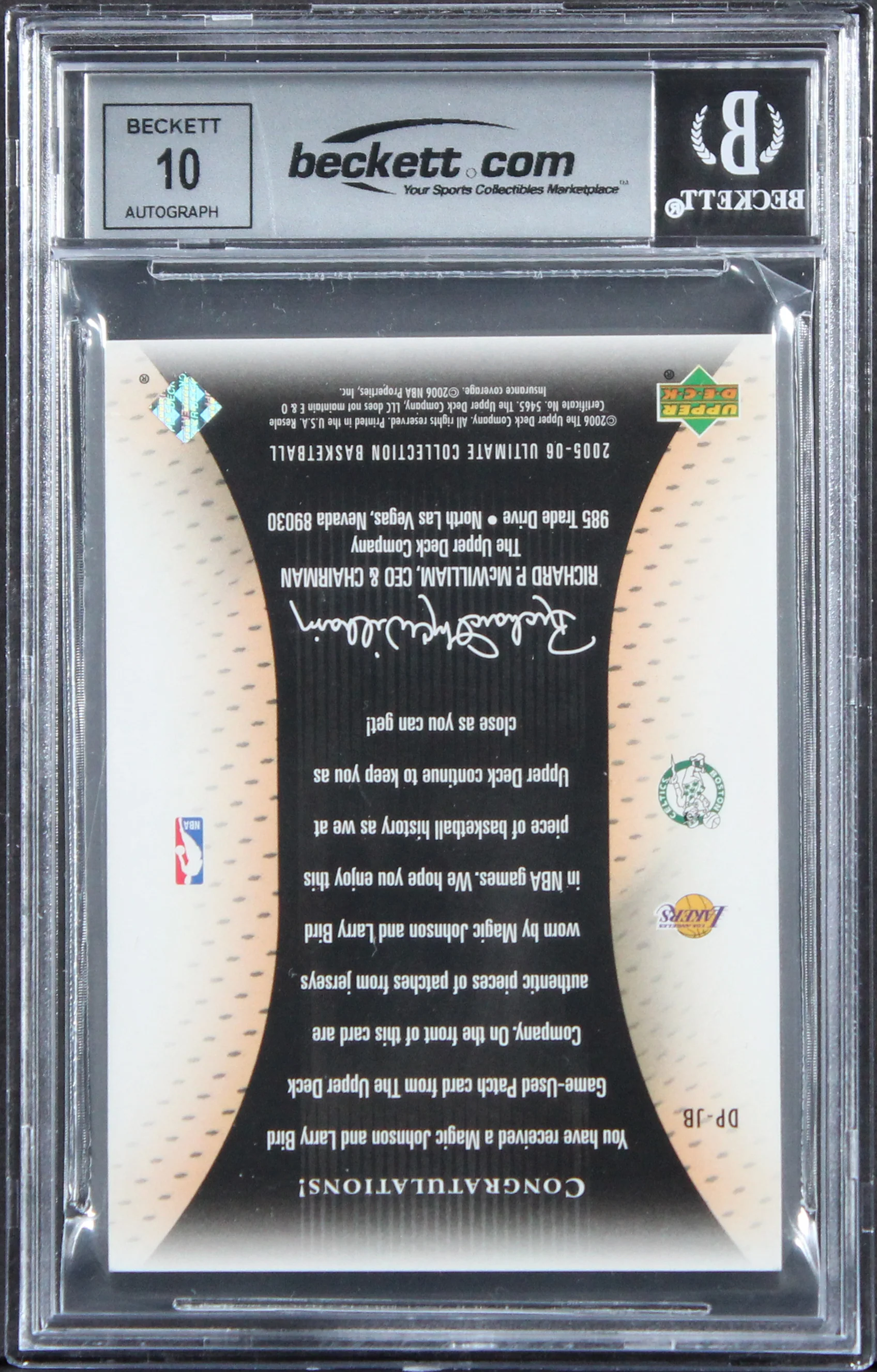 Magic Johnson & Larry Bird Signed 2005 Ultimate Patches DPJB 40/40 Card BAS Slab - Image 3