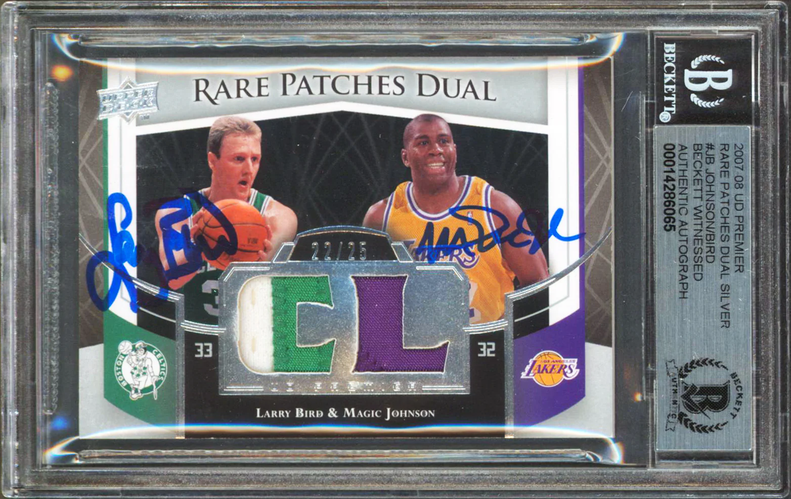 Magic Johnson & Larry Bird Signed 2007 UD Premier Patches Card Auto 10! BAS Slab - Image 2