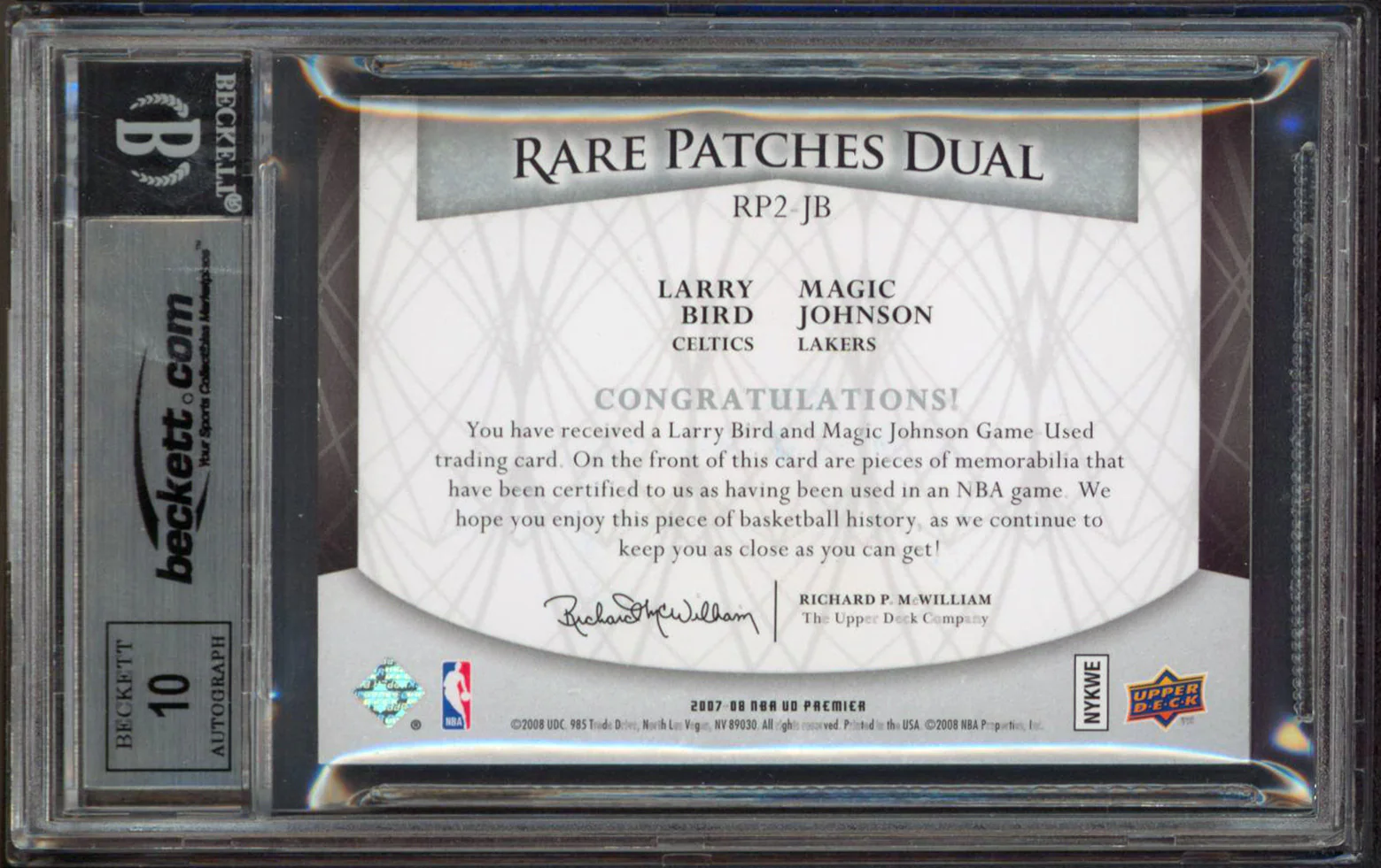 Magic Johnson & Larry Bird Signed 2007 UD Premier Patches Card Auto 10! BAS Slab - Image 3