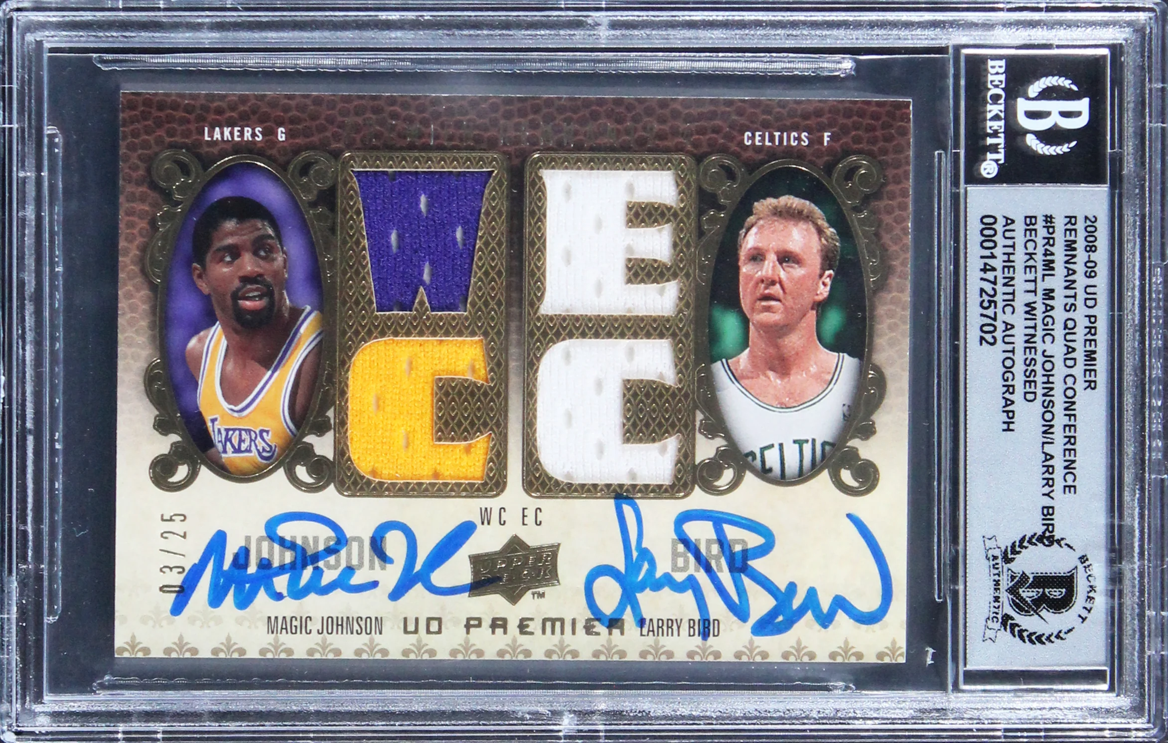 Magic Johnson & Larry Bird Signed 2008 UD PRQC #PR4ML 3/25 Card Auto 10 BAS Slab - Image 2