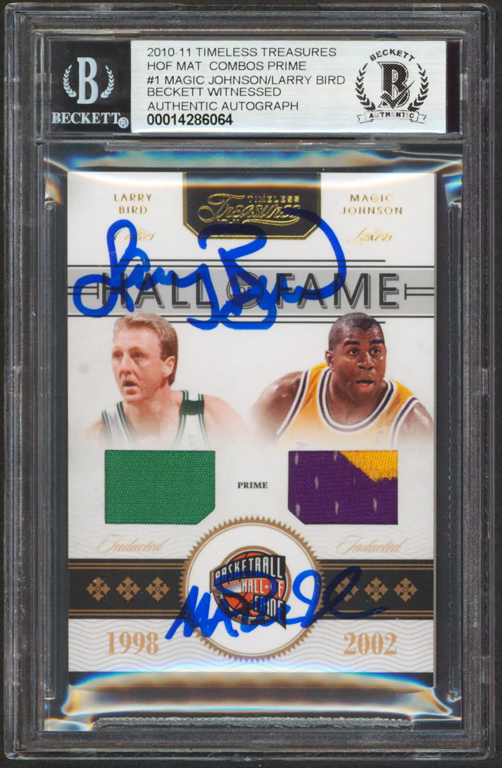 Magic Johnson & Larry Bird Signed 2010 Timeless HOF Mat #1 Card Auto 10 BAS Slab - Image 2