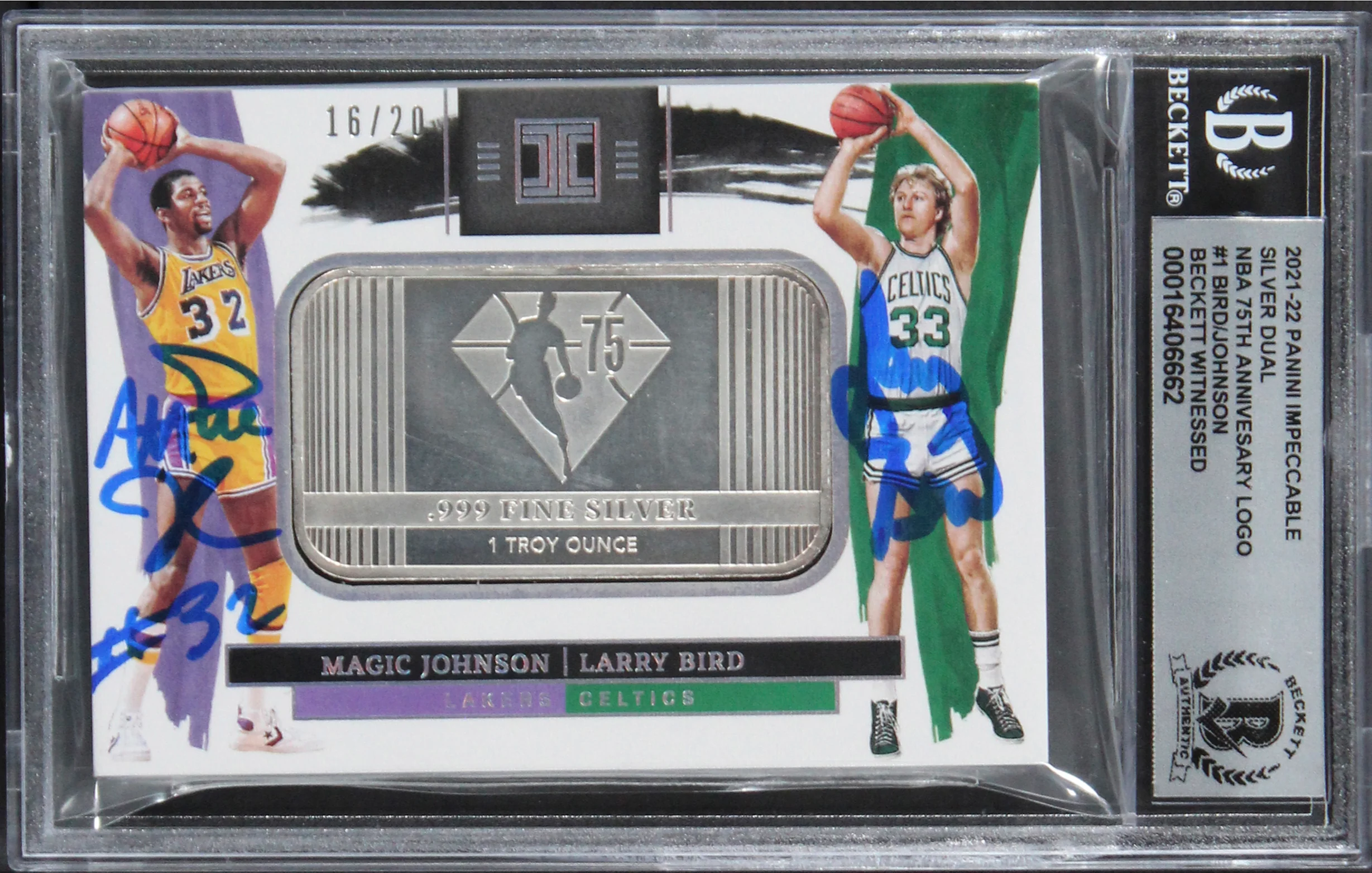 Magic Johnson Larry Bird Signed '21 Panini Silver #1 16/20 Card Auto 10 BAS Slab - Image 2