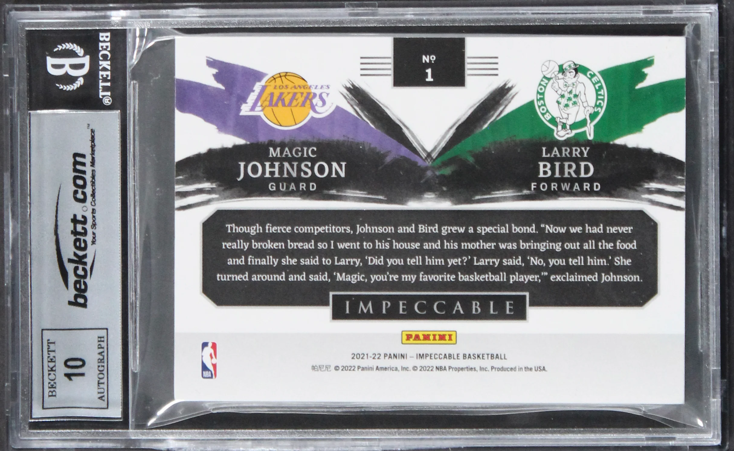 Magic Johnson Larry Bird Signed '21 Panini Silver #1 16/20 Card Auto 10 BAS Slab - Image 3