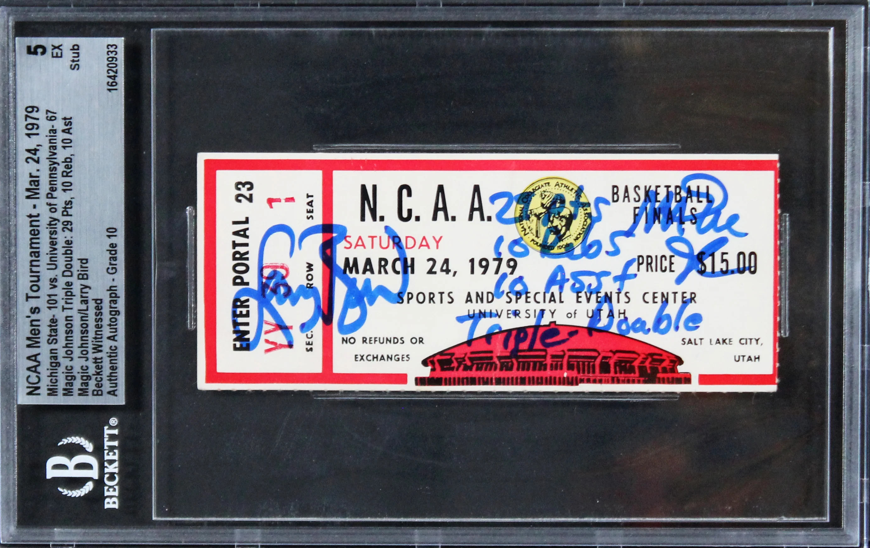 Magic Johnson Larry Bird Signed '79 NCAA Final 4 Ticket Grade 5 Auto 10 BAS Slab - Image 2