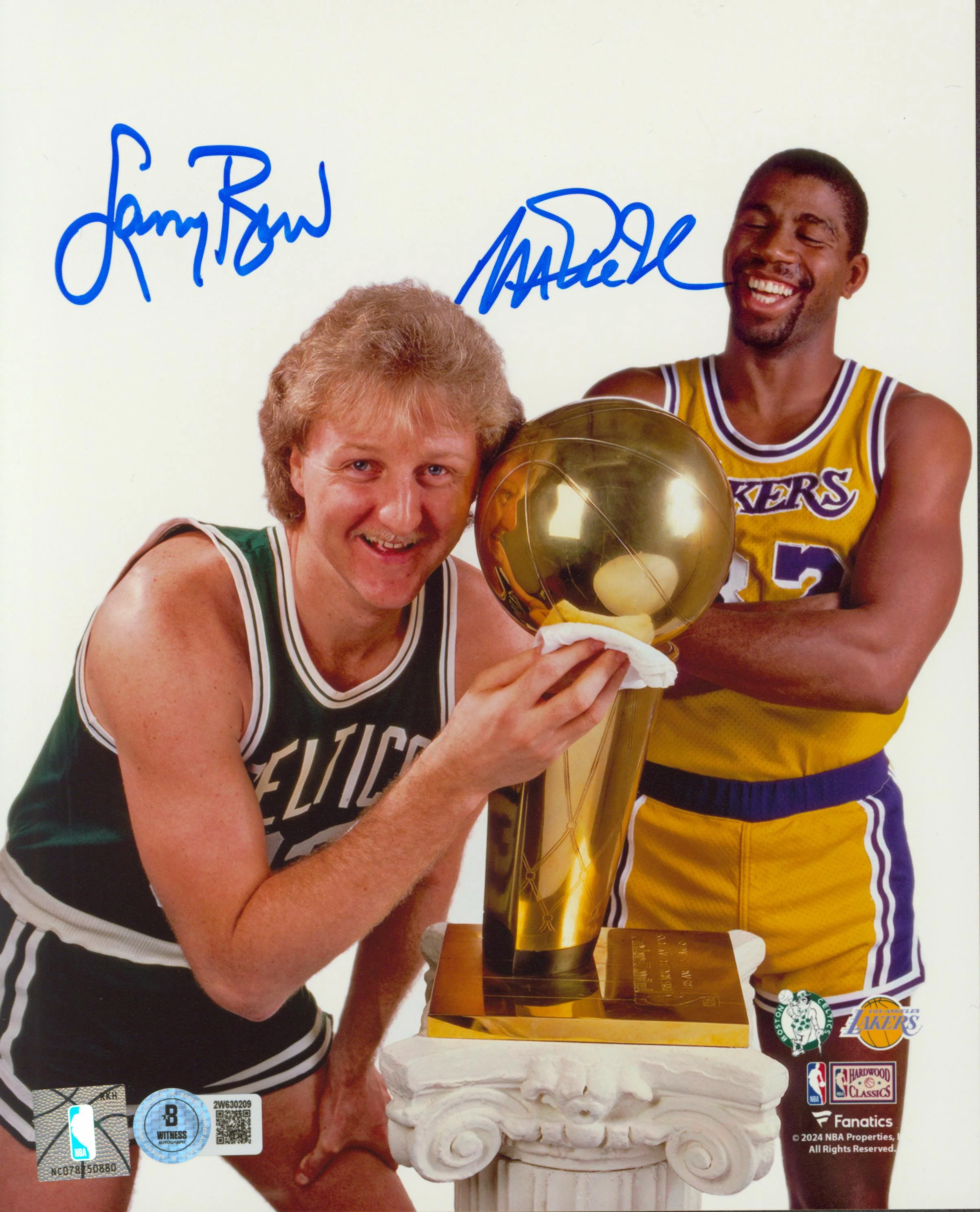 Magic Johnson & Larry Bird Signed 8x10 Vertical Trophy Photo BAS Witnessed