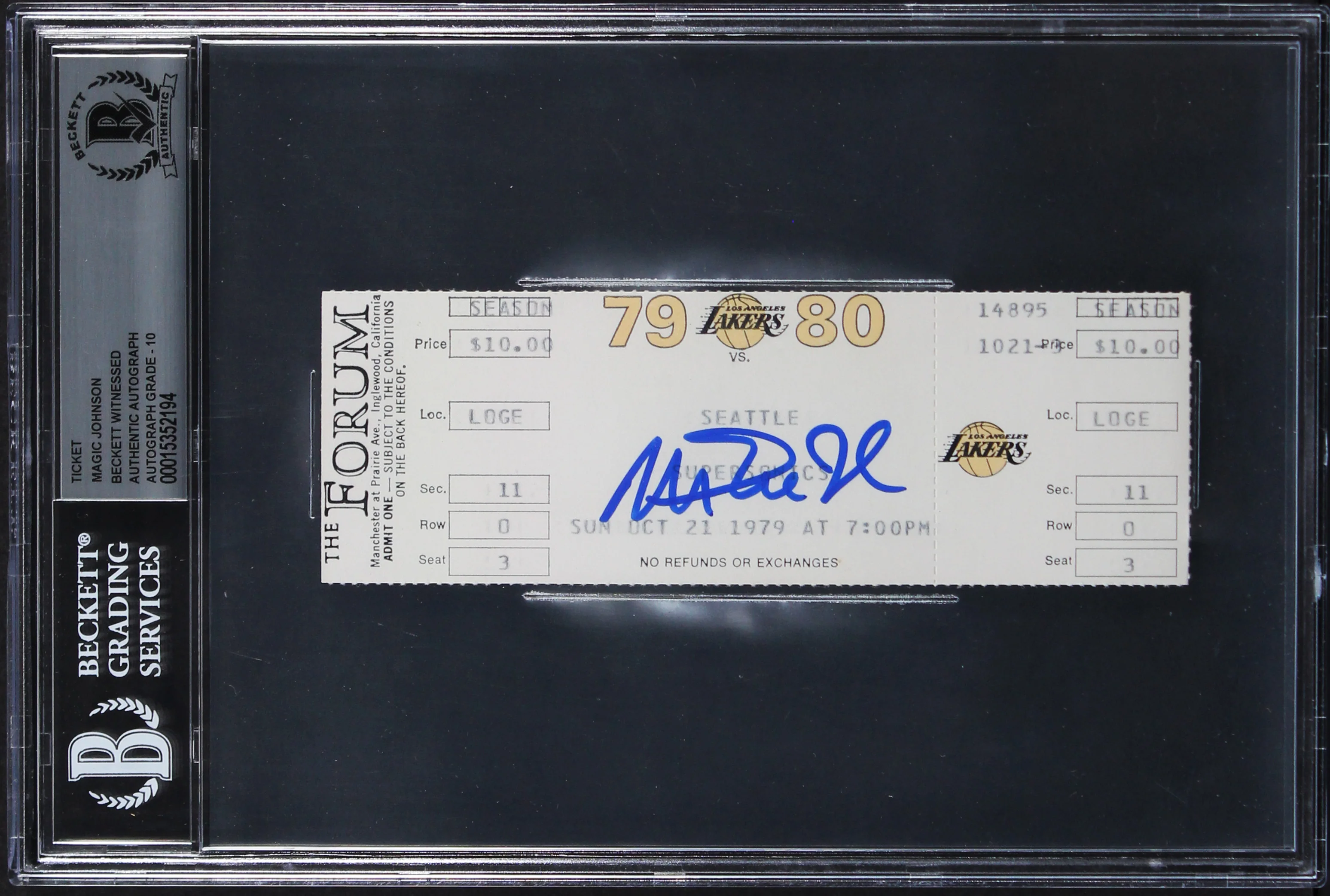 Magic Johnson Signed 10/21/1979 Supersonics Vs. Lakers Ticket Auto 10! BAS Slab - Image 2