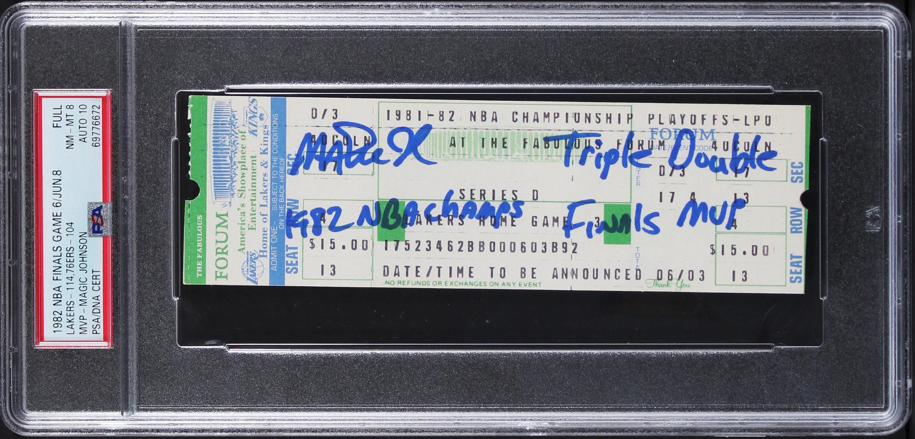 Magic Johnson Signed 1982 Finals Game 6 Full Ticket Graded 8 Auto 10! PSA Slab - Image 2