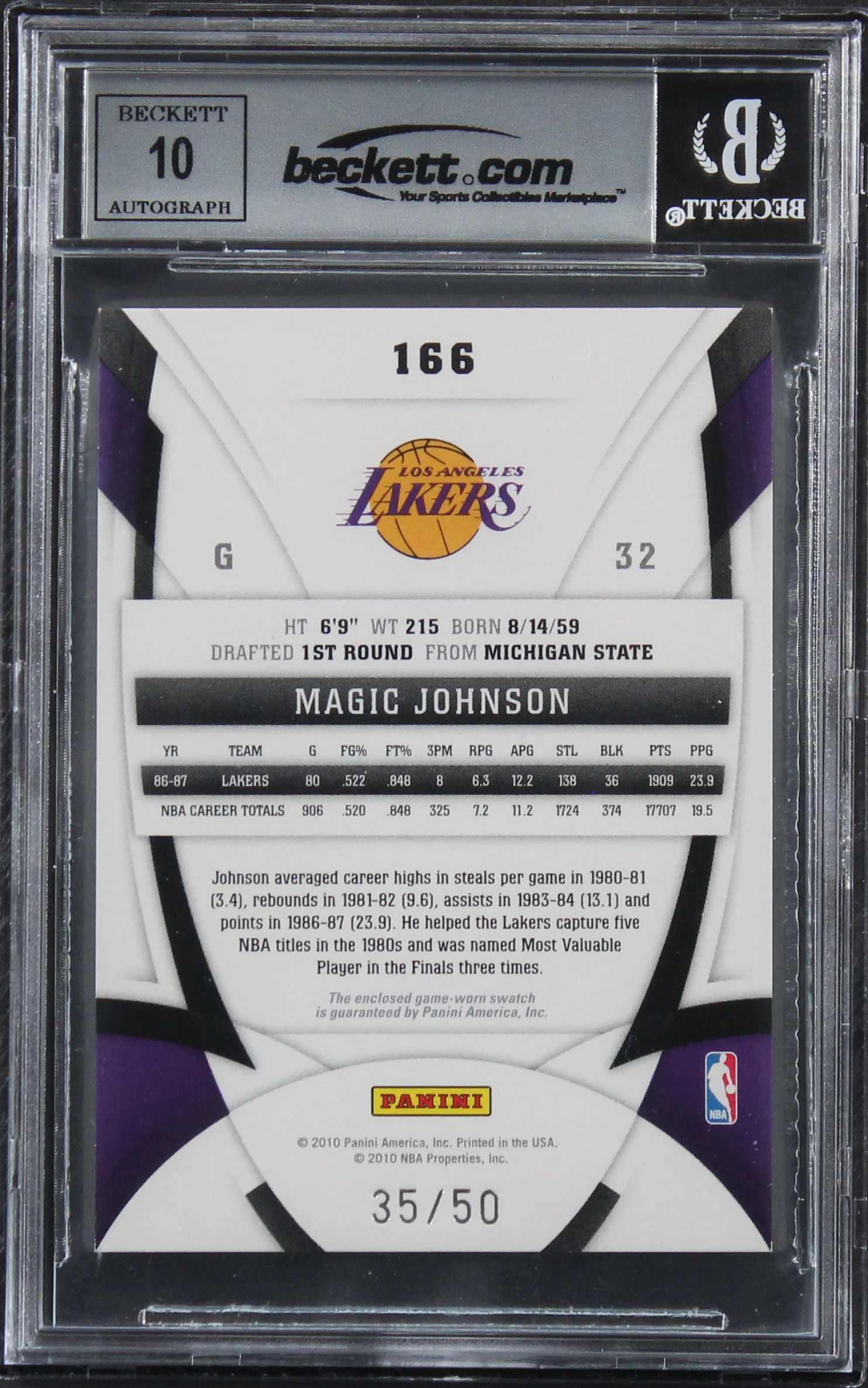 Magic Johnson Signed 2009 Certified Mirror Blue #166 35/50 Card Auto 10 BAS Slab - Image 3