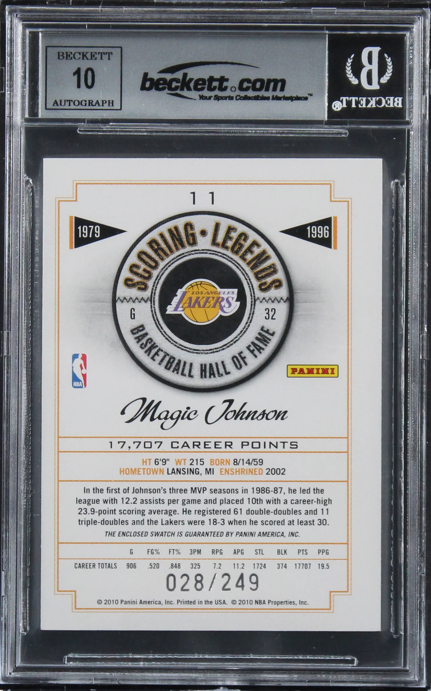 Magic Johnson Signed 2009 HOF Scoring Legends #11 #28/249 Card Auto 10! BAS Slab - Image 3