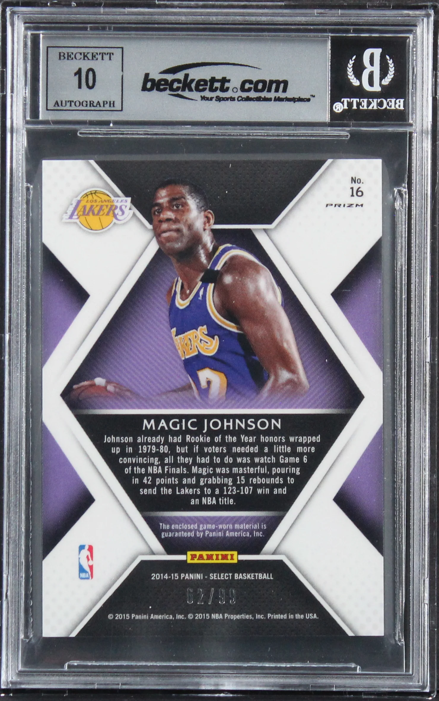 Magic Johnson Signed 2014 Select Swatches #16 #62/99 Card Auto 10! BAS Slabbed - Image 3