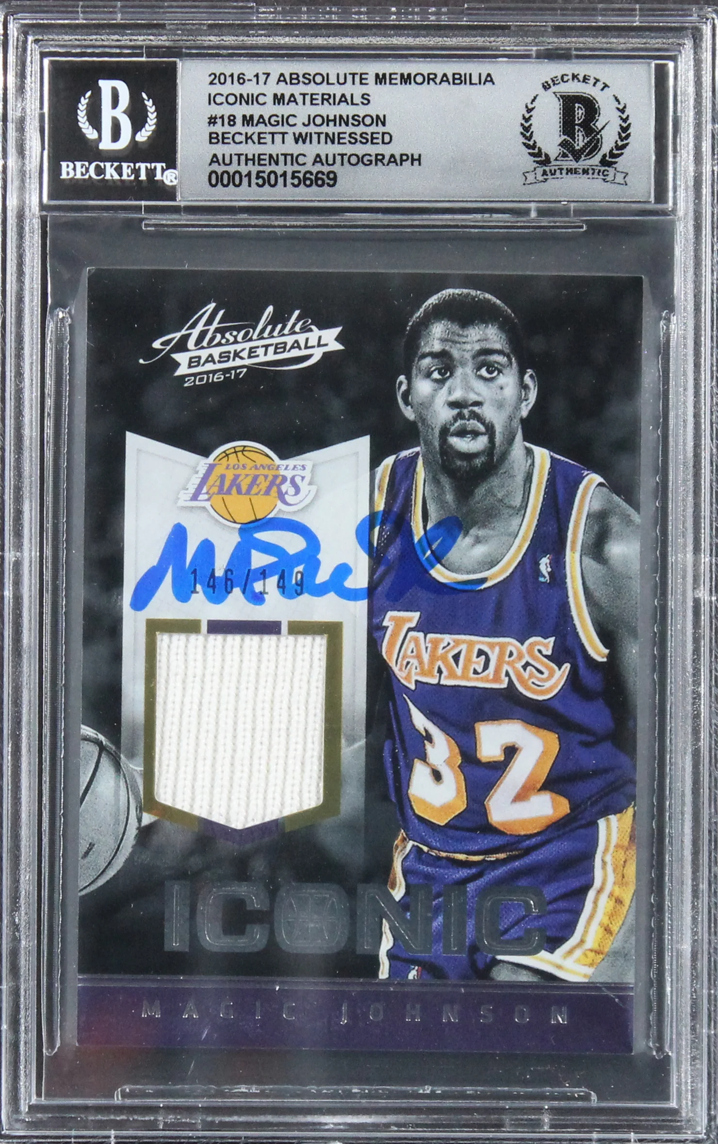 Magic Johnson Signed 2016 Absolute Iconic Mat #18 #146/149 Card Auto 10 BAS Slab - Image 2