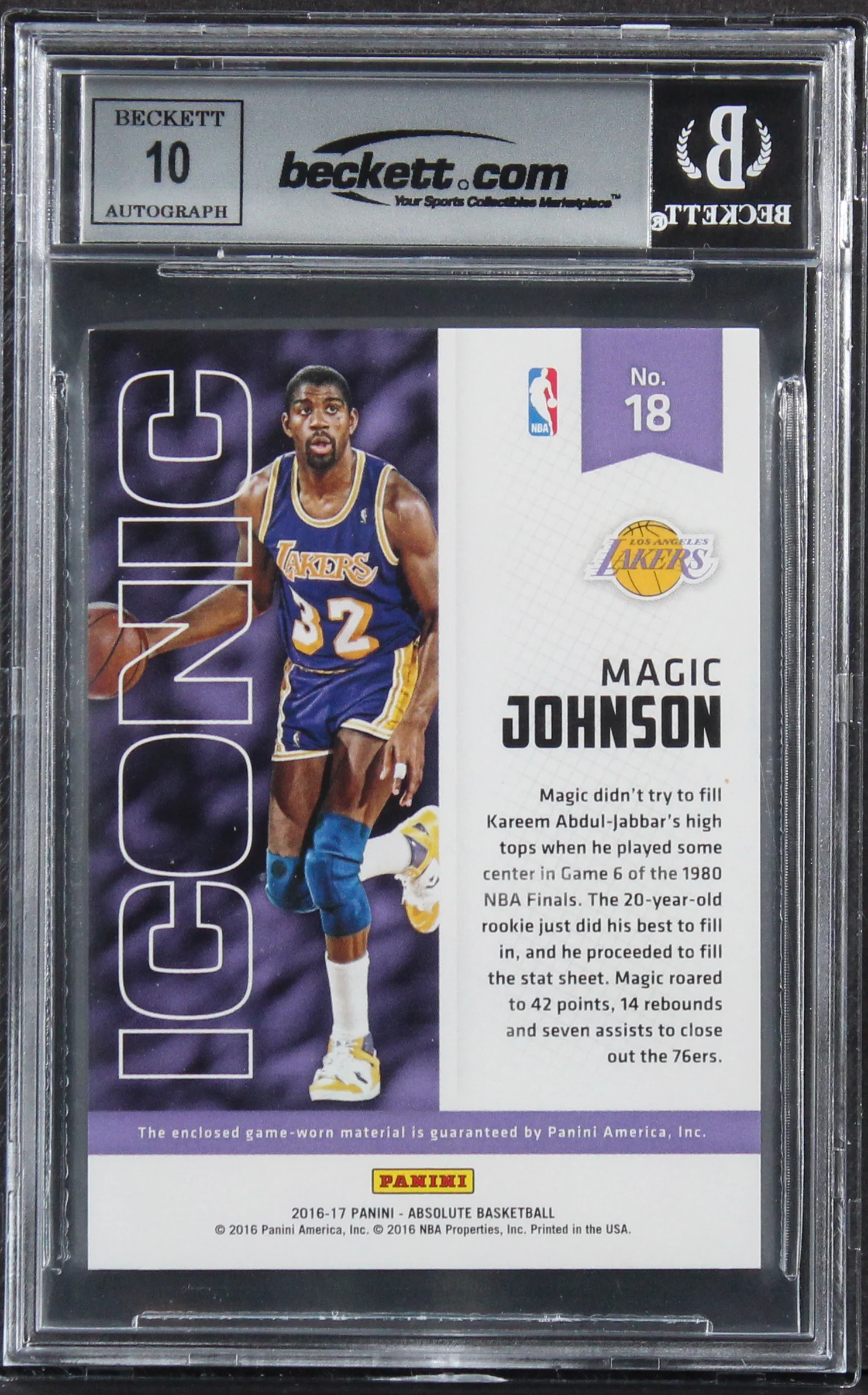 Magic Johnson Signed 2016 Absolute Iconic Mat #18 #146/149 Card Auto 10 BAS Slab - Image 3