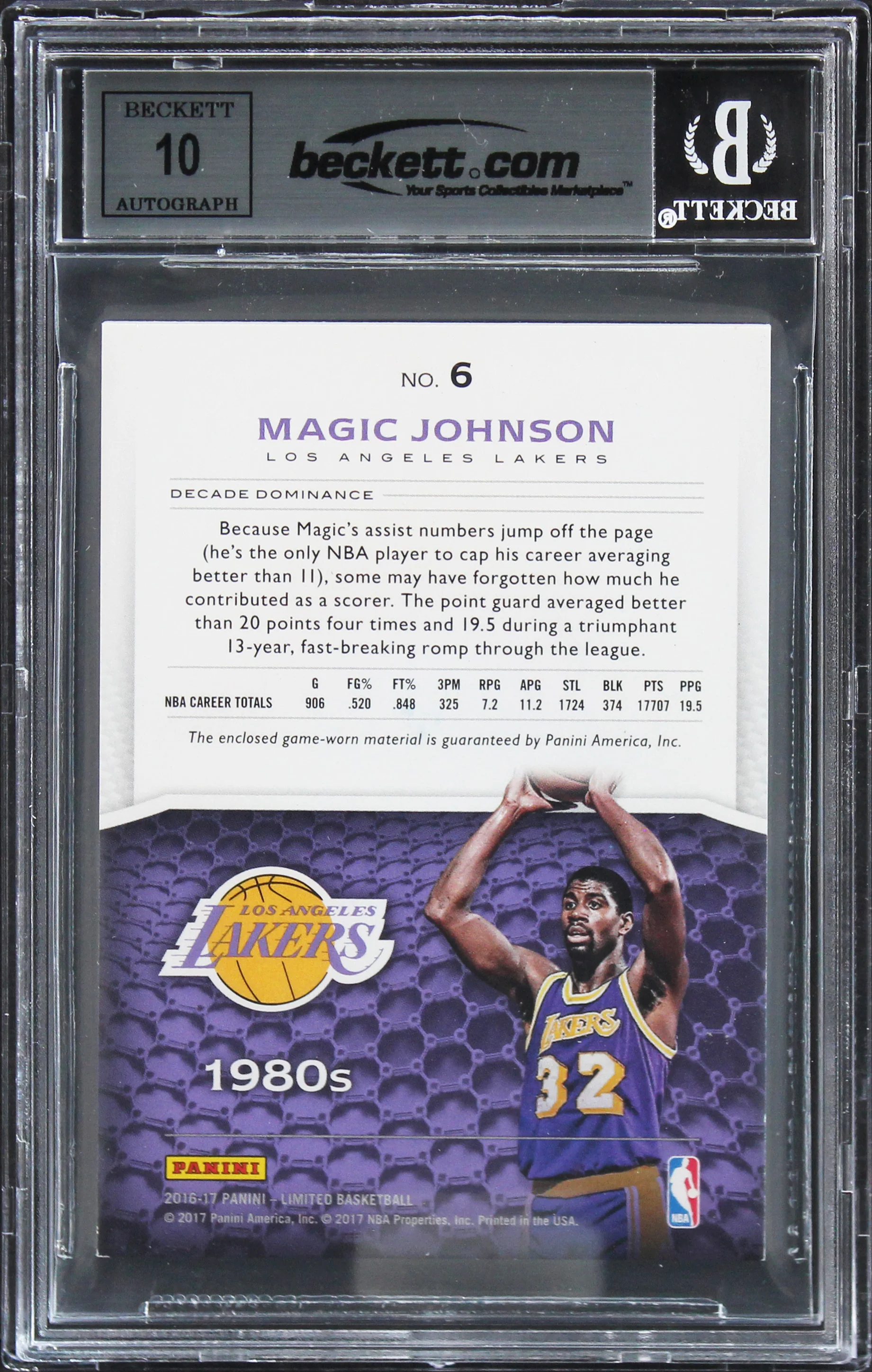 Magic Johnson Signed 2016 Limited Decade Dom #6 #1/10 Card Auto 10! BAS Slabbed - Image 3