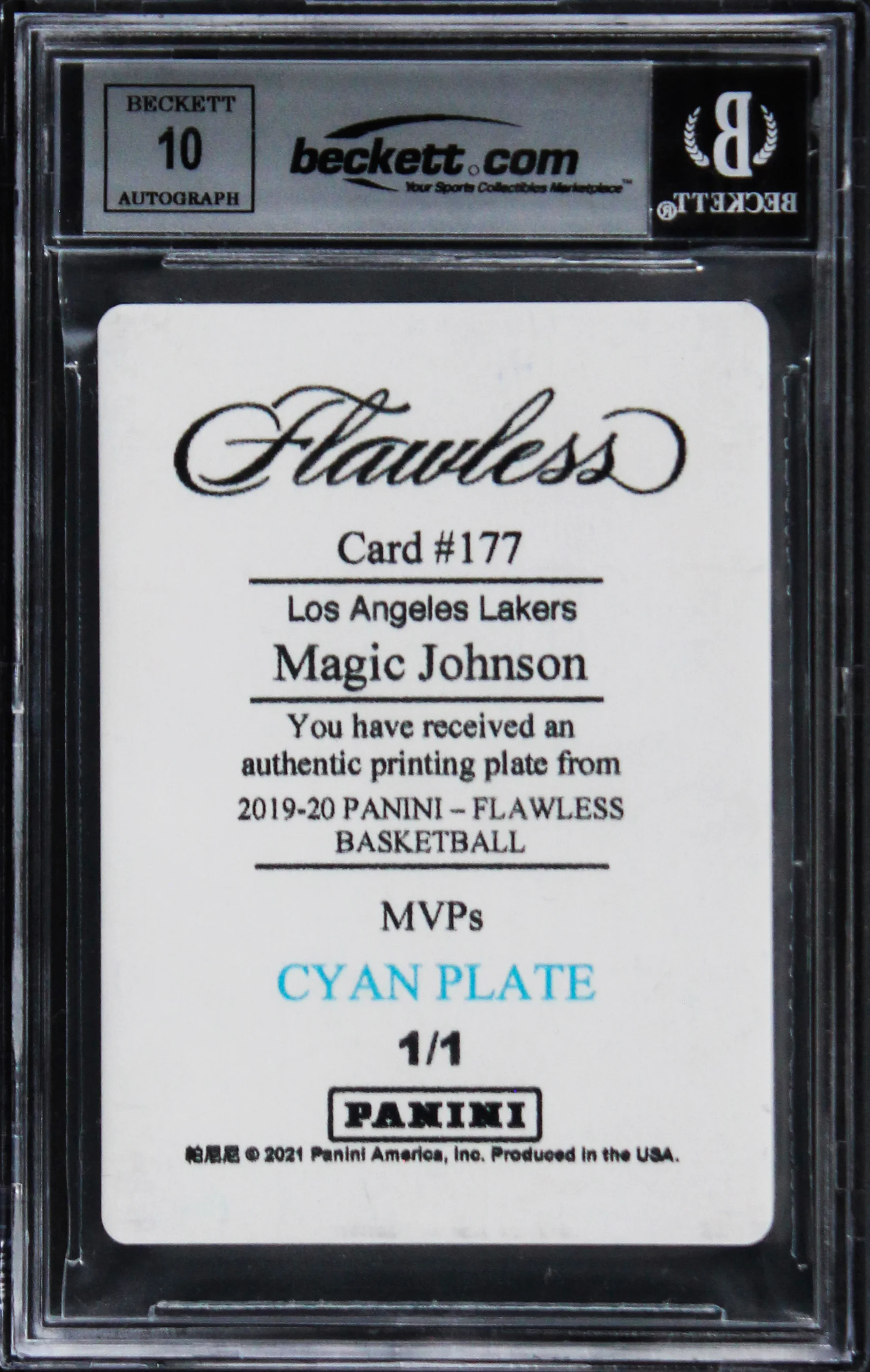 Magic Johnson Signed 2019 Panini Printing Plates Cyan #177 Card Auto 10 BAS Slab - Image 3
