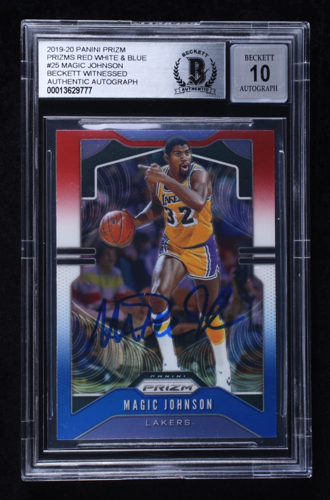 Magic Johnson Signed 2019 Panini Prizm Prizms RW&B #25 Card Auto 10! BAS Slabbed - Image 2