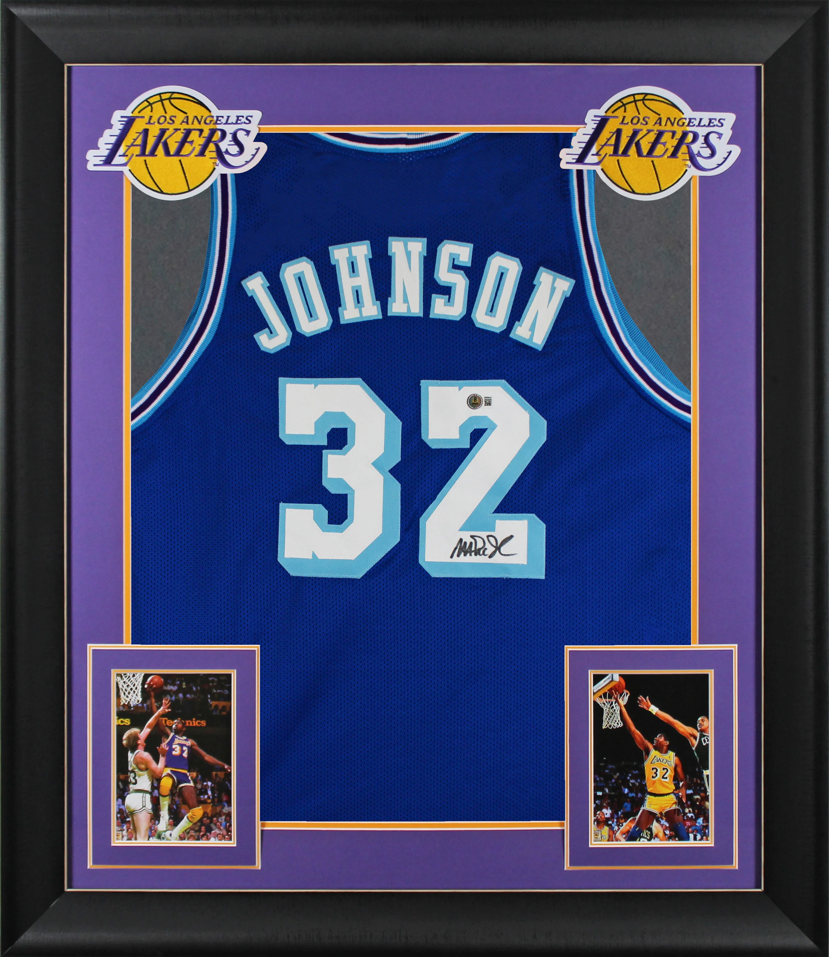 Magic Johnson Signed Blue Throwback Pro Style Framed Jersey BAS Witnessed 2 - Image 2