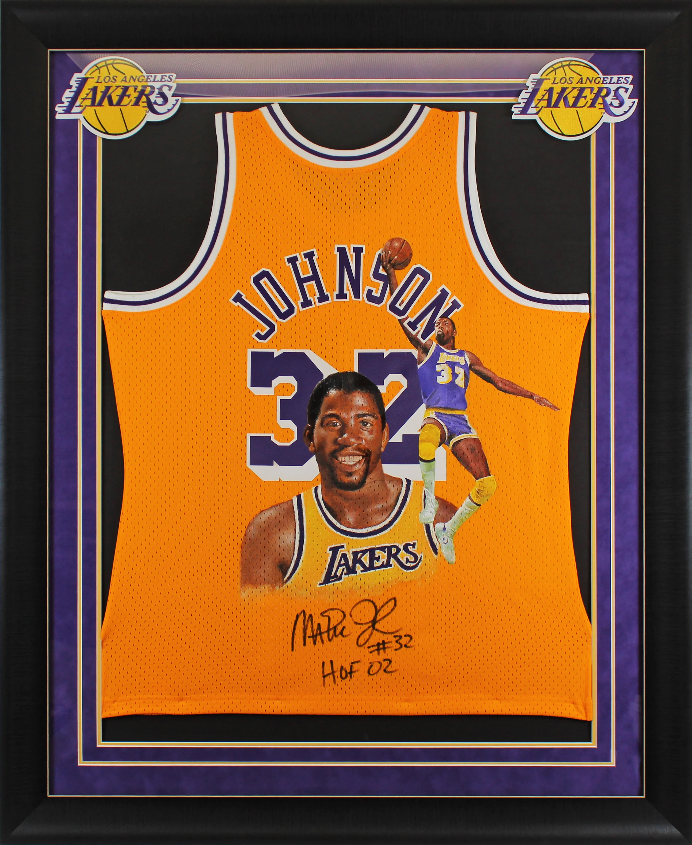 Magic Johnson Signed Hand Painted Yellow M&N HWC Swingman Framed Jersey BAS Wit - Image 2