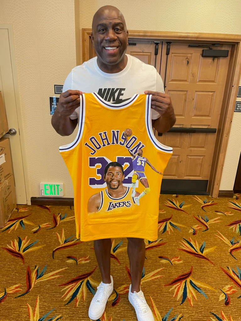 Magic Johnson Signed Hand Painted Yellow M&N HWC Swingman Framed Jersey BAS Wit - Image 4