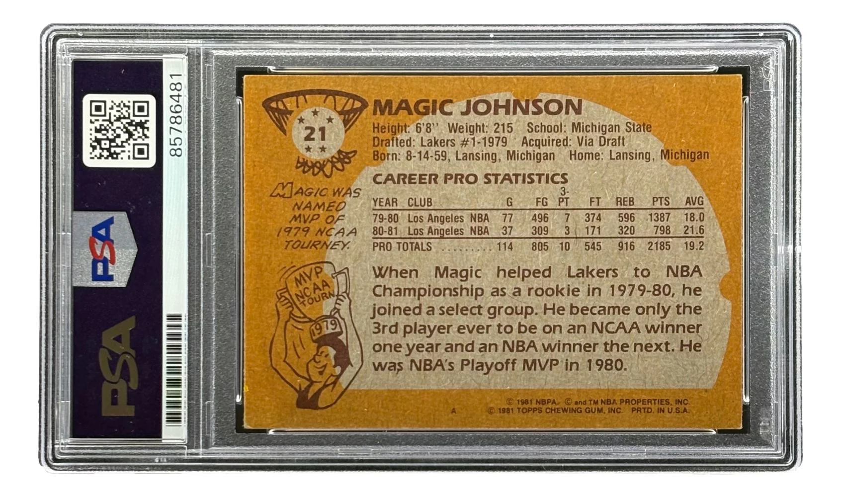 Magic Johnson Signed On Card 1981 Topps #21 Lakers Trading Card PSA - Image 2