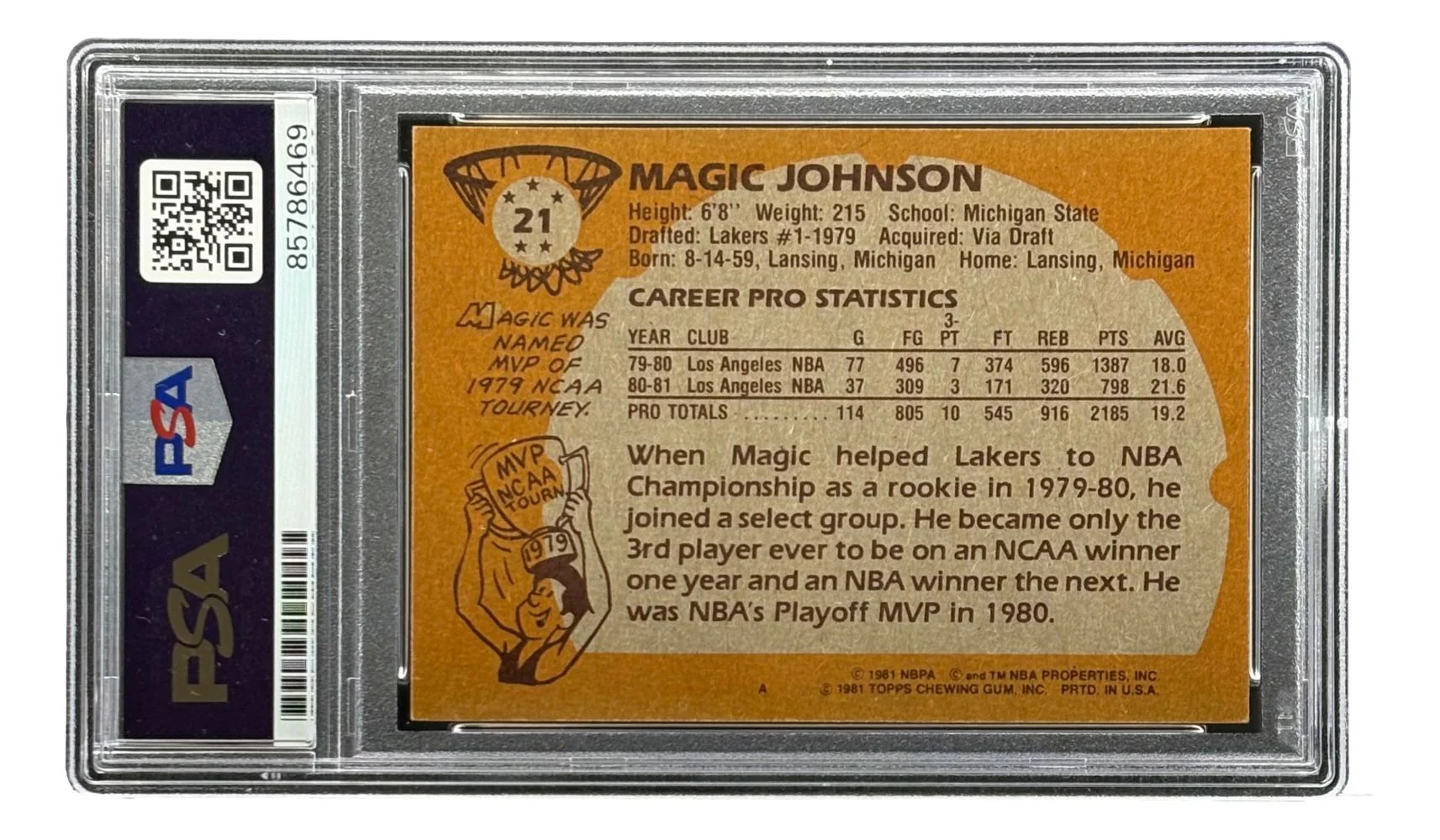 Magic Johnson Signed On Card 1981 Topps #21 Lakers Trading Card PSA Auto 10 - Image 2