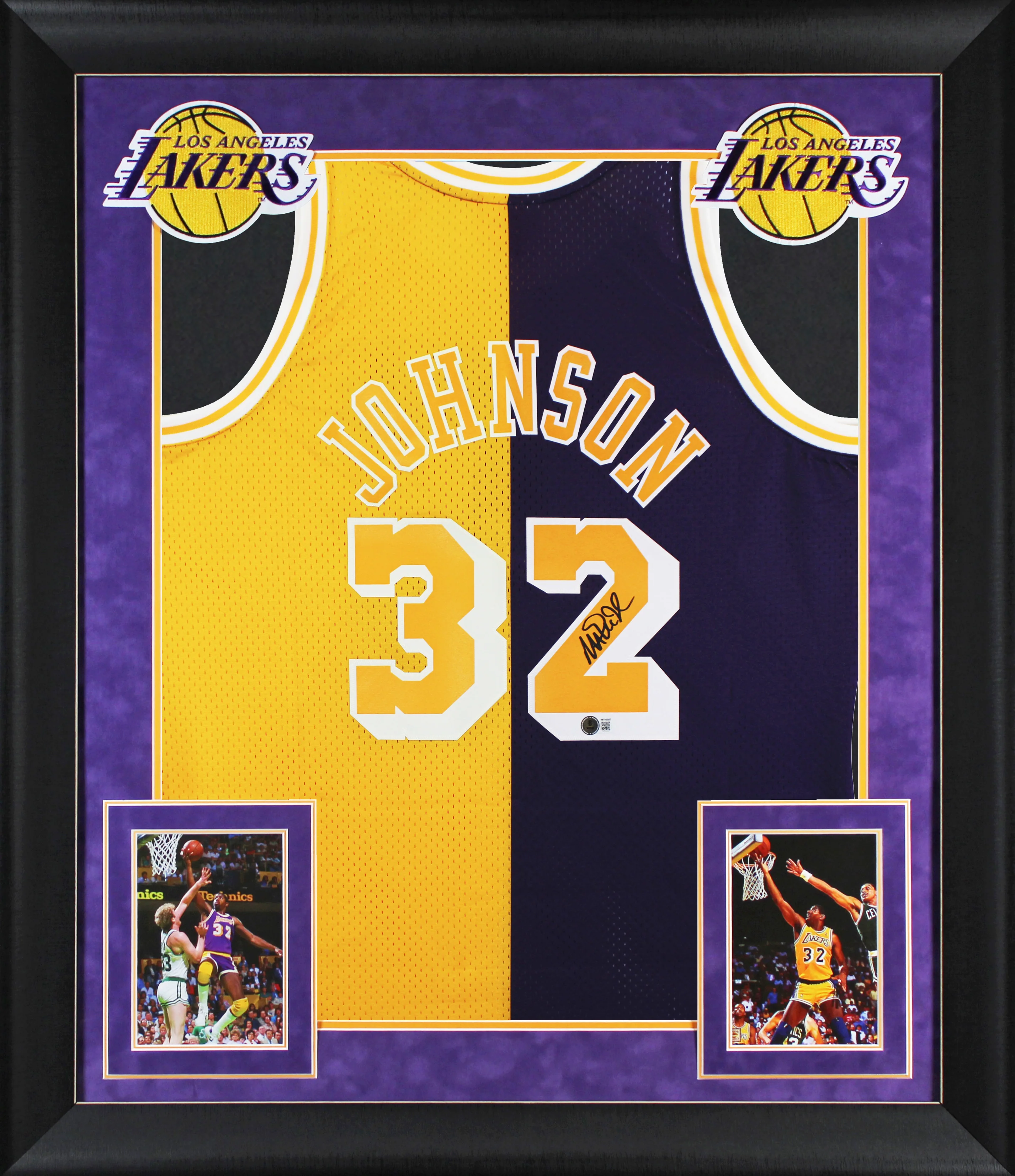 Magic Johnson Signed Purple & Yellow M&N 84-85 HWC Swingman Framed Jersey BAS W - Image 2