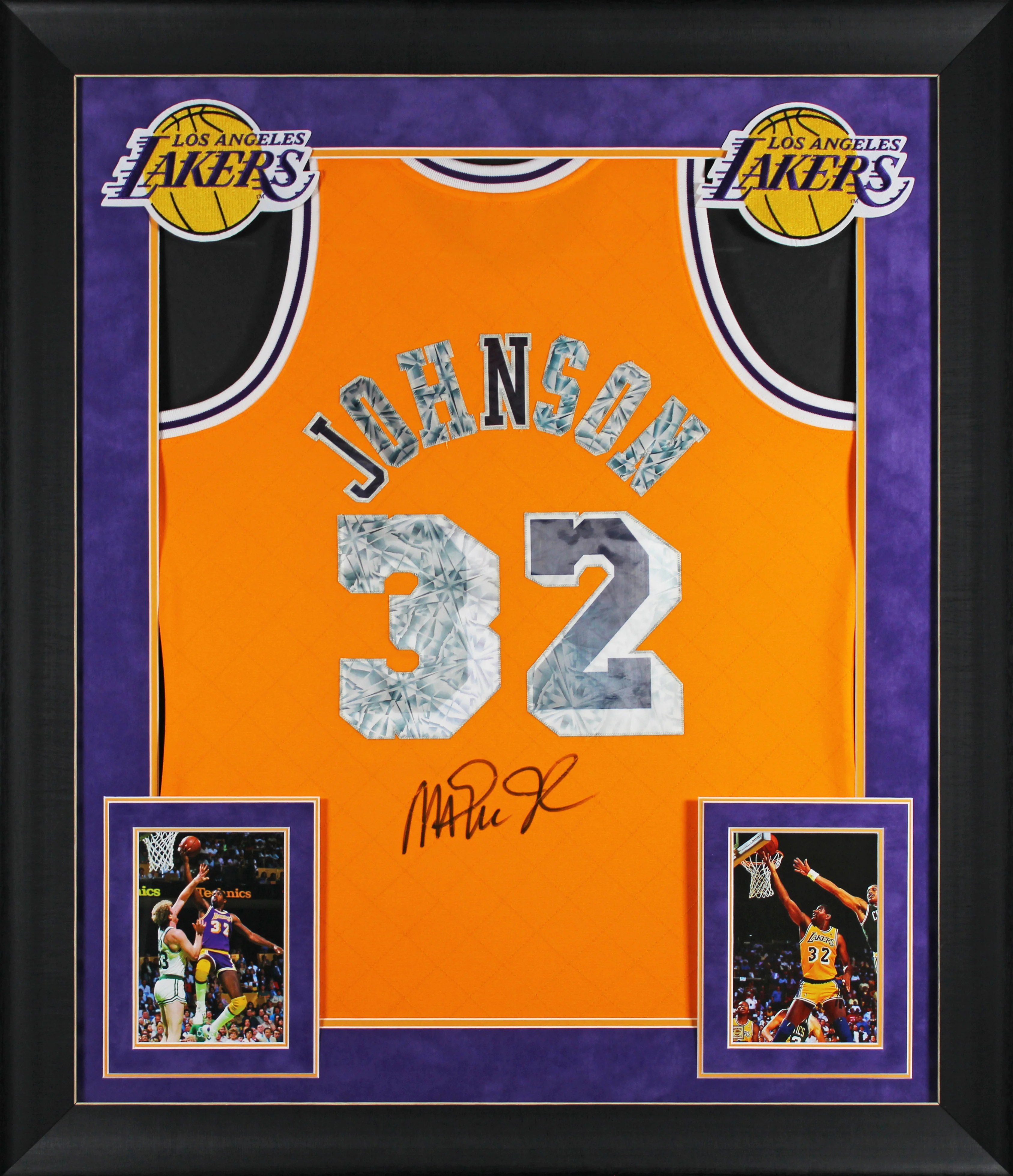 Magic Johnson Signed Yellow Diamond M&N 84-85 HWC Swingman Framed Jersey BAS Wit - Image 2