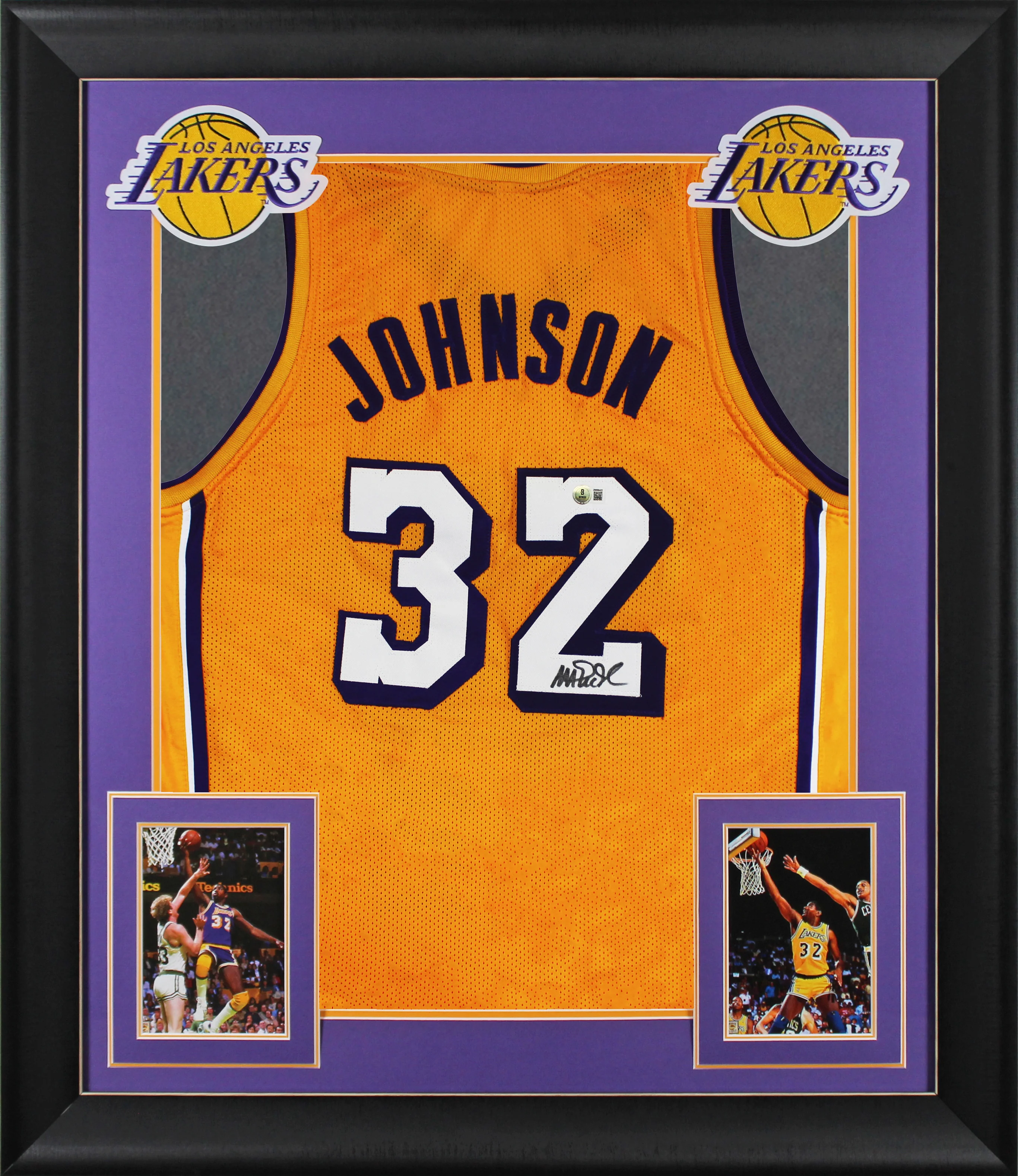 Magic Johnson Signed Yellow Pro Style Framed Jersey w/ White Numbers BAS Wit 2 - Image 2