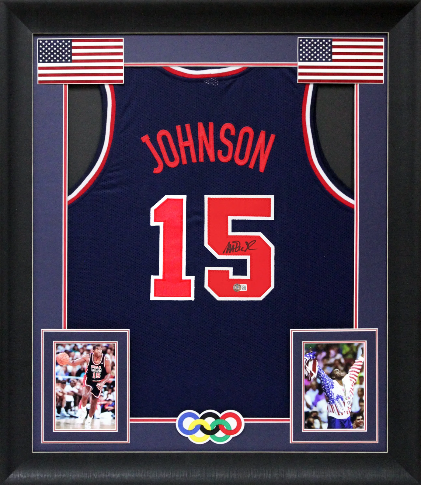 Magic Johnson Team USA Authentic Signed Navy Blue Framed Jersey BAS Witnessed